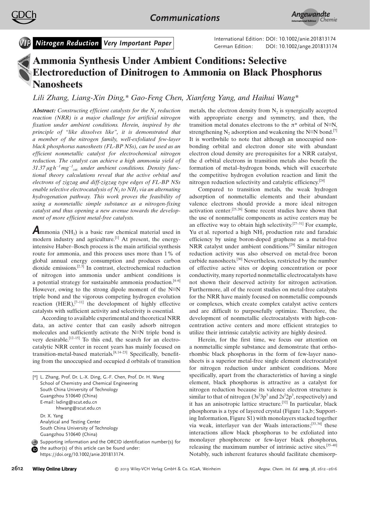 Ammonia Synthesis Under Ambient Conditions: Selective Electroreduction of Dinitrogen to Ammonia on Black Phosphorus Nanosheets by Unknown