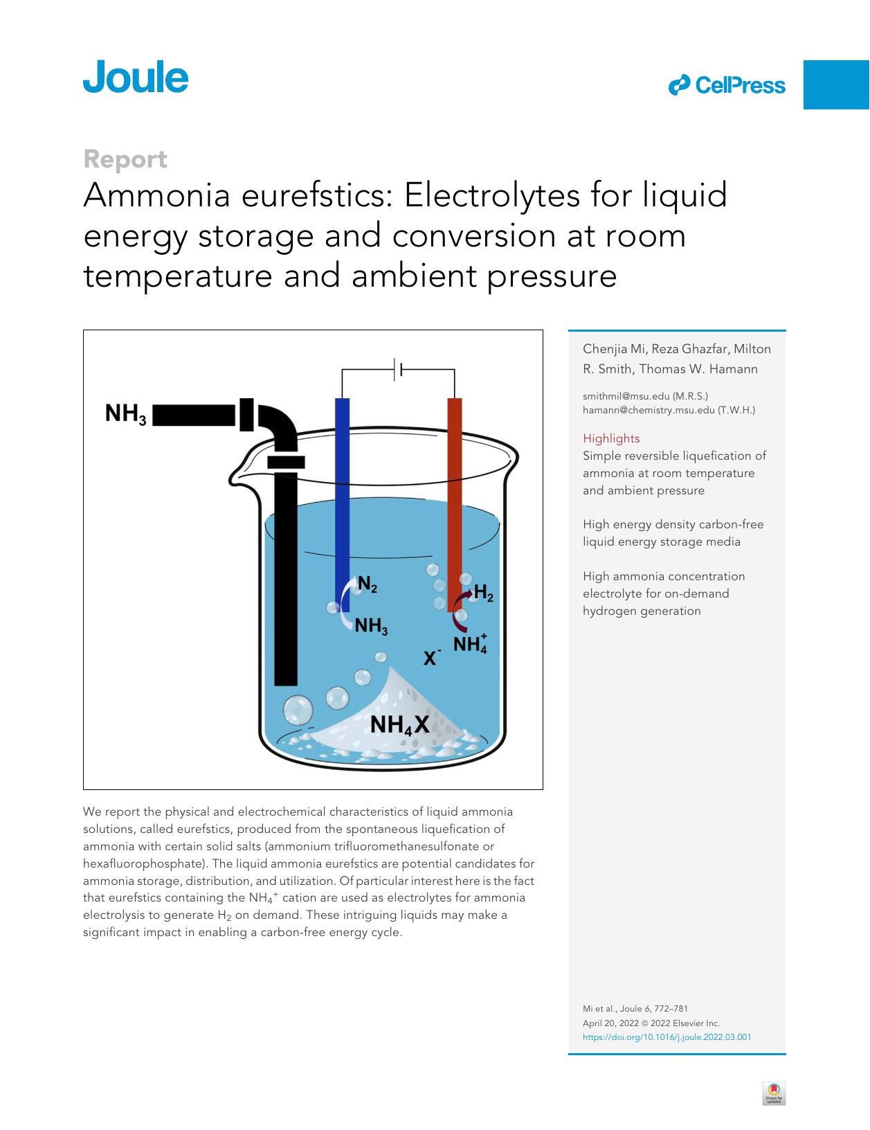 Ammonia eurefstics: Electrolytes for liquid energy storage and conversion at room temperature and ambient pressure by Chenjia Mi & Reza Ghazfar & Milton R. Smith & Thomas W. Hamann