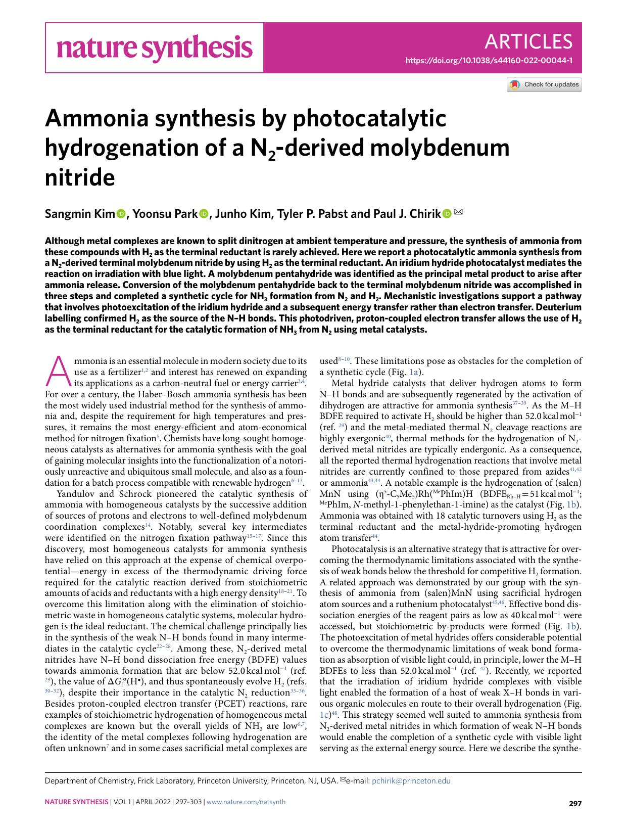 Ammonia synthesis by photocatalytic hydrogenation of a N2-derived molybdenum nitride by Sangmin Kim & Yoonsu Park & Junho Kim & Tyler P. Pabst & Paul J. Chirik