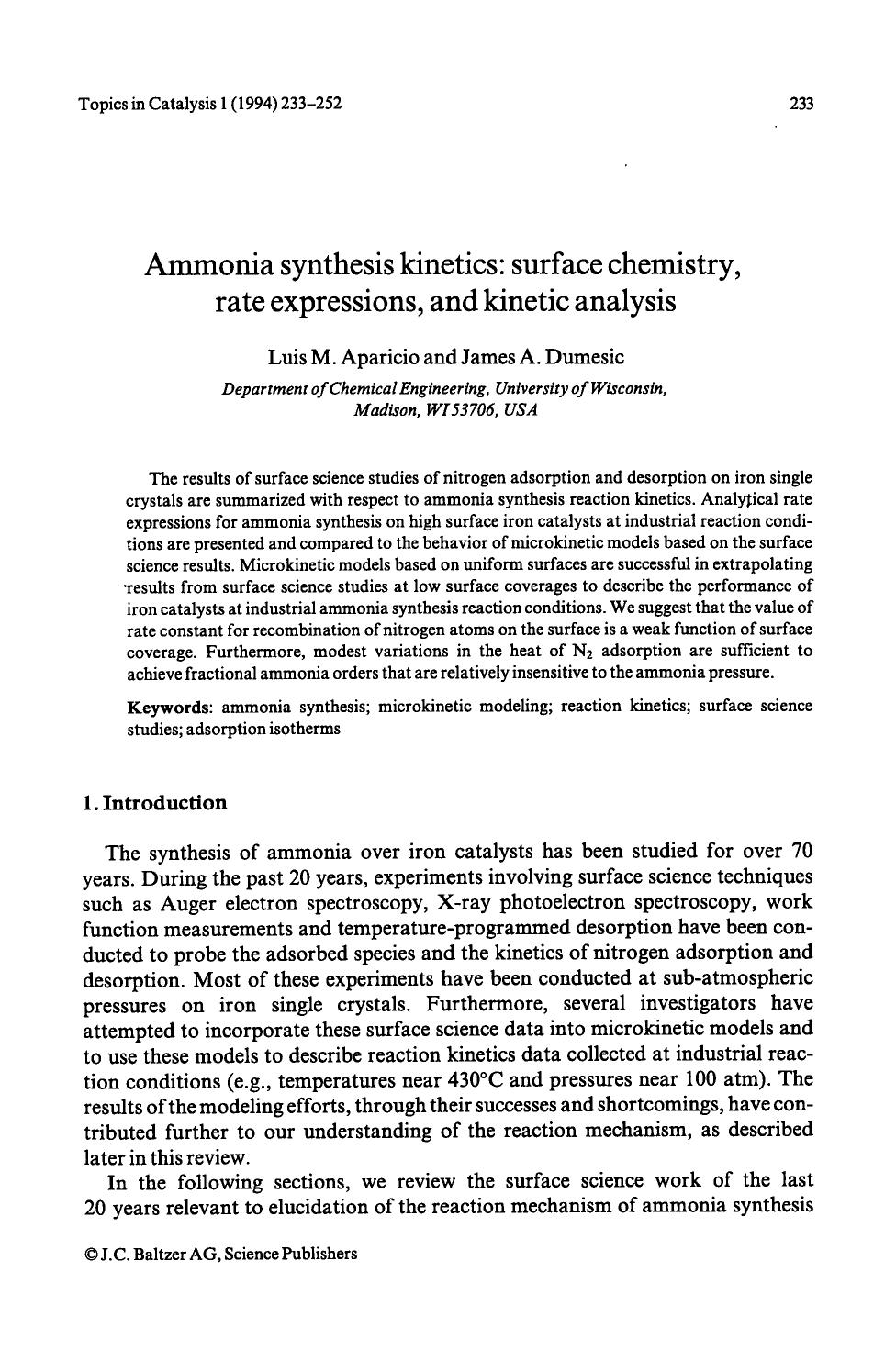 Ammonia synthesis kinetics: Surface chemistry, rate expressions, and kinetic analysis by Unknown