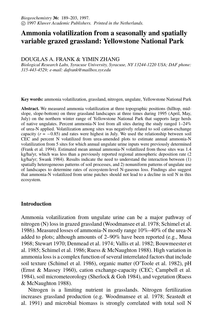 Ammonia volatilization from a seasonally and spatially variable grazed grassland: Yellowstone National Park by Unknown
