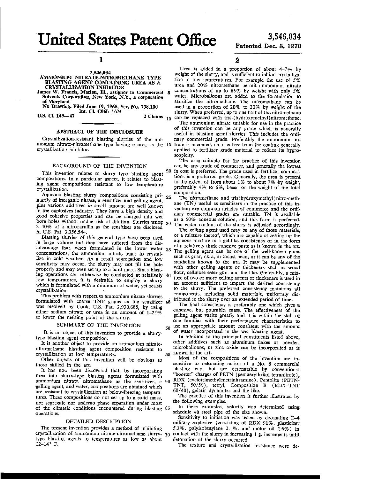 Ammonium Nitrate Nitromethane with Crystalized Urea Inhibitor by US Patent 3546034