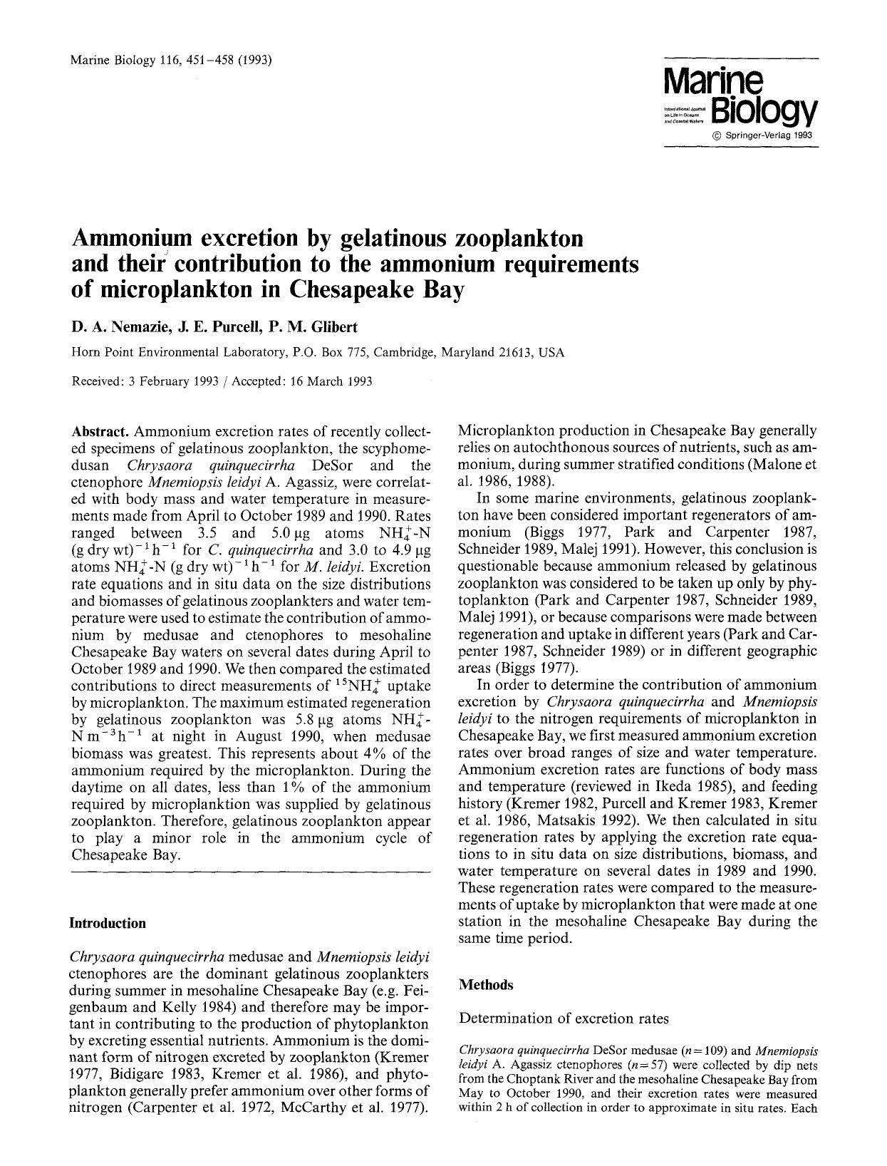 Ammonium excretion by gelationous zooplankton and their contribution to the ammonium requirements of microplankton in Chesapeake Bay by Unknown