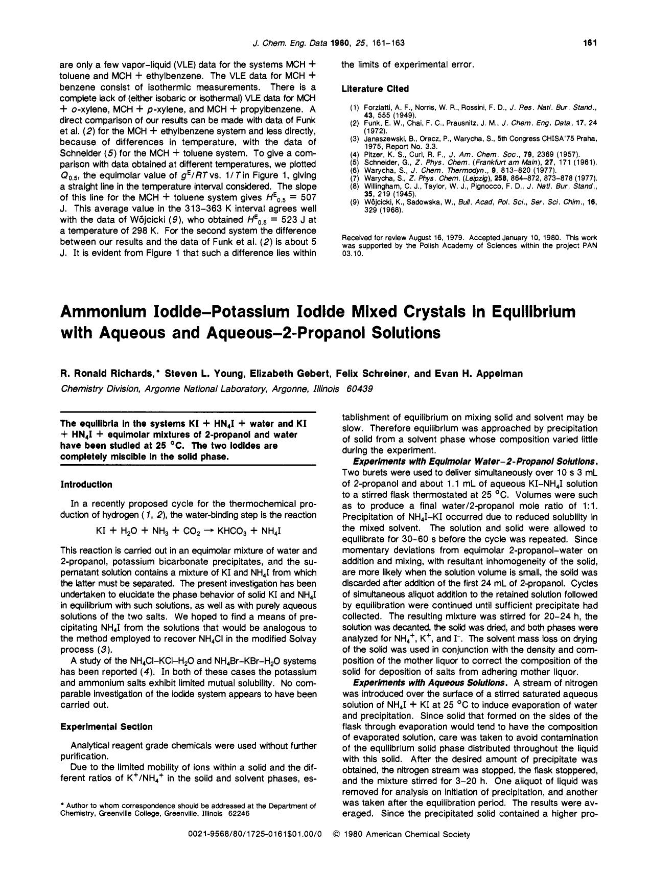 Ammonium iodide-potassium iodide mixed crystals in equilibrium with aqueous and aqueous-2-propanol solutions by R. Ronald Richards Steven L. Young Elizabeth Gebert Felix Schreiner Evan H. Appelman