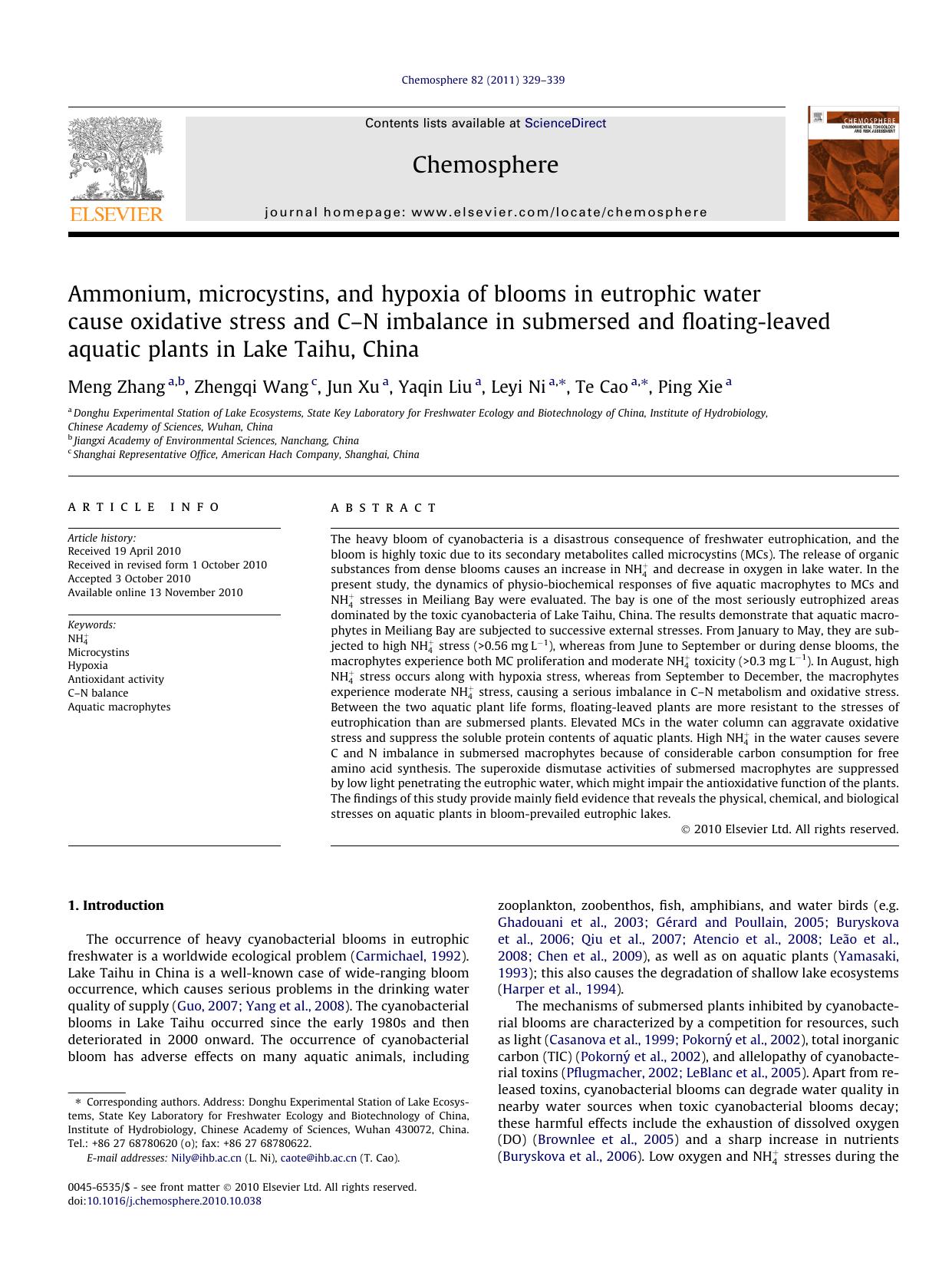Ammonium, microcystins, and hypoxia of blooms in eutrophic water cause oxidative stress and CÃ¢â¬âN imbalance in submersed and floating-leaved aquatic plants in Lake Taihu, China by Meng Zhang & Zhengqi Wang & Jun Xu & Yaqin Liu & Leyi Ni & Te Cao & Ping Xie