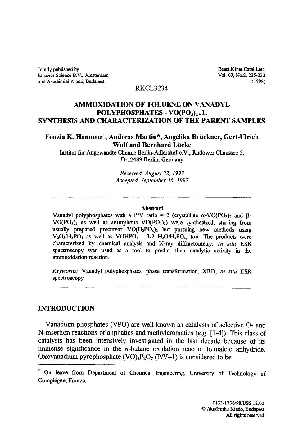Ammoxidation of toluene on vanadyl polyphosphates-VO(PO <Subscript>3 <Subscript>) <Subscript>2 <Subscript>, 1. synthesis and characterization of the parent samples by Unknown