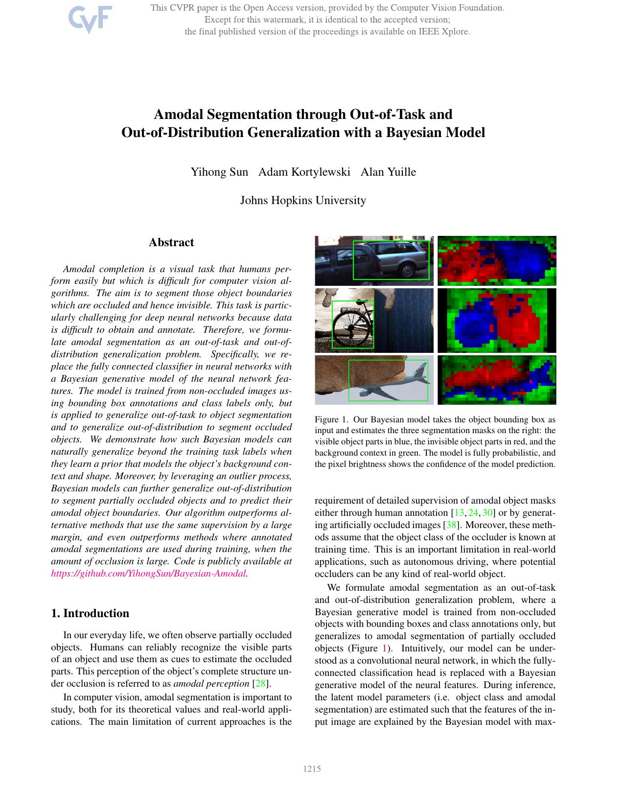 Amodal Segmentation Through Out-of-Task and Out-of-Distribution Generalization With a Bayesian Model by Yihong Sun & Adam Kortylewski & Alan Yuille