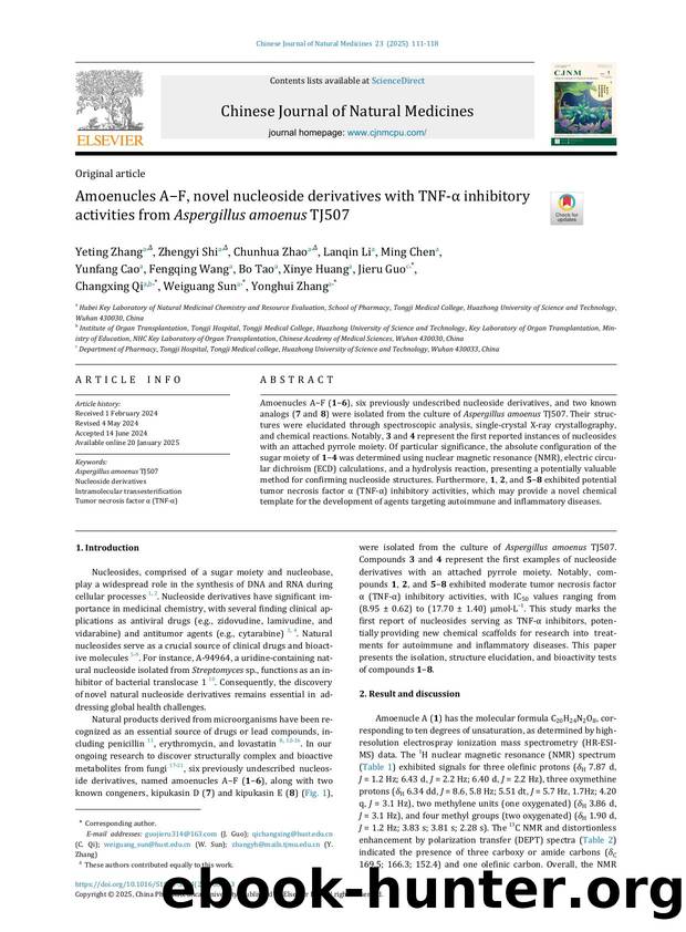 Amoenucles AÃ¢ËâF, novel nucleoside derivatives with TNF-ÃÂ± inhibitory activities from Aspergillus amoenus TJ507 by unknow