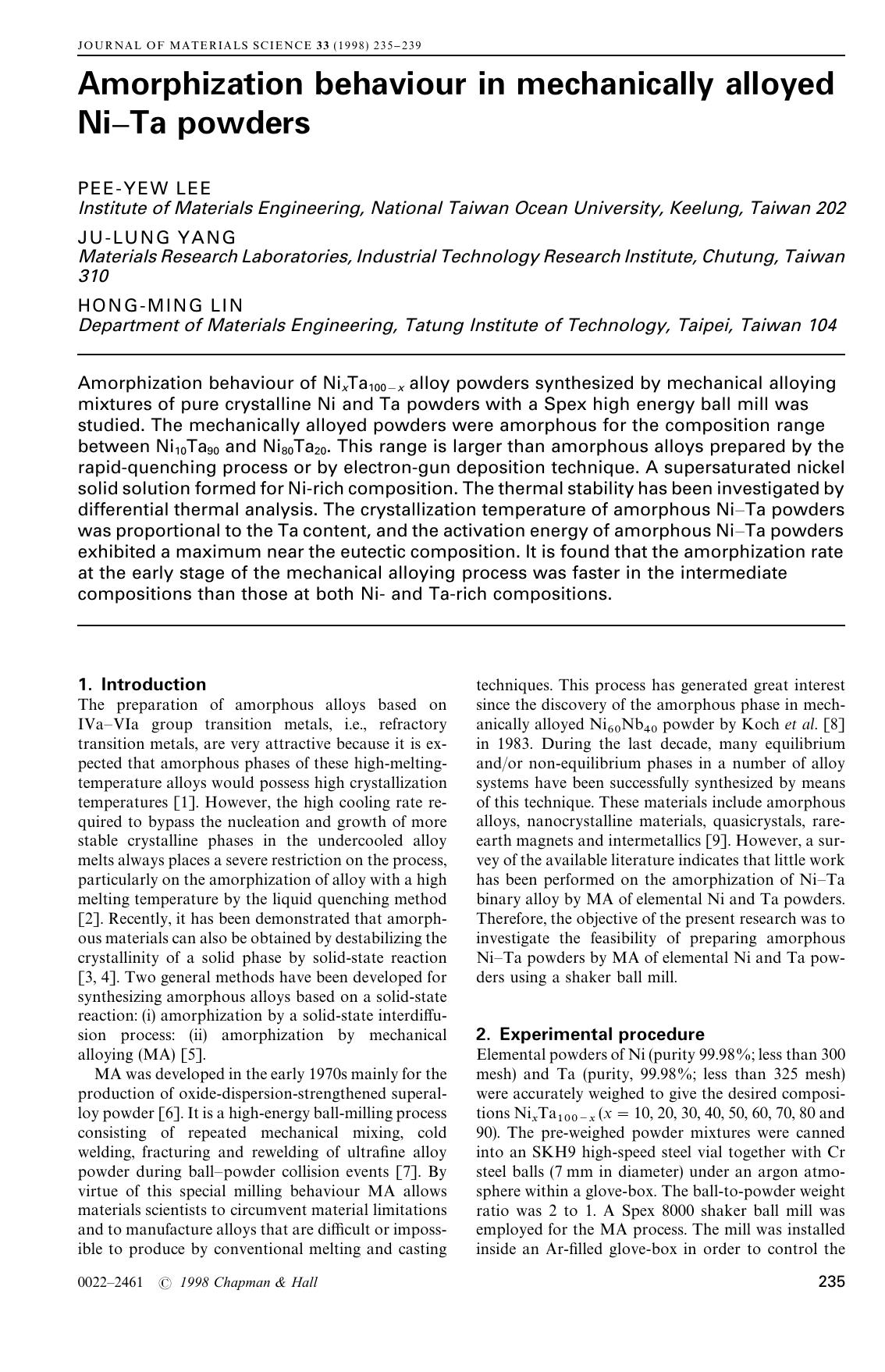 Amorphization behaviour in mechanically alloyed Ni—Ta powders by Unknown