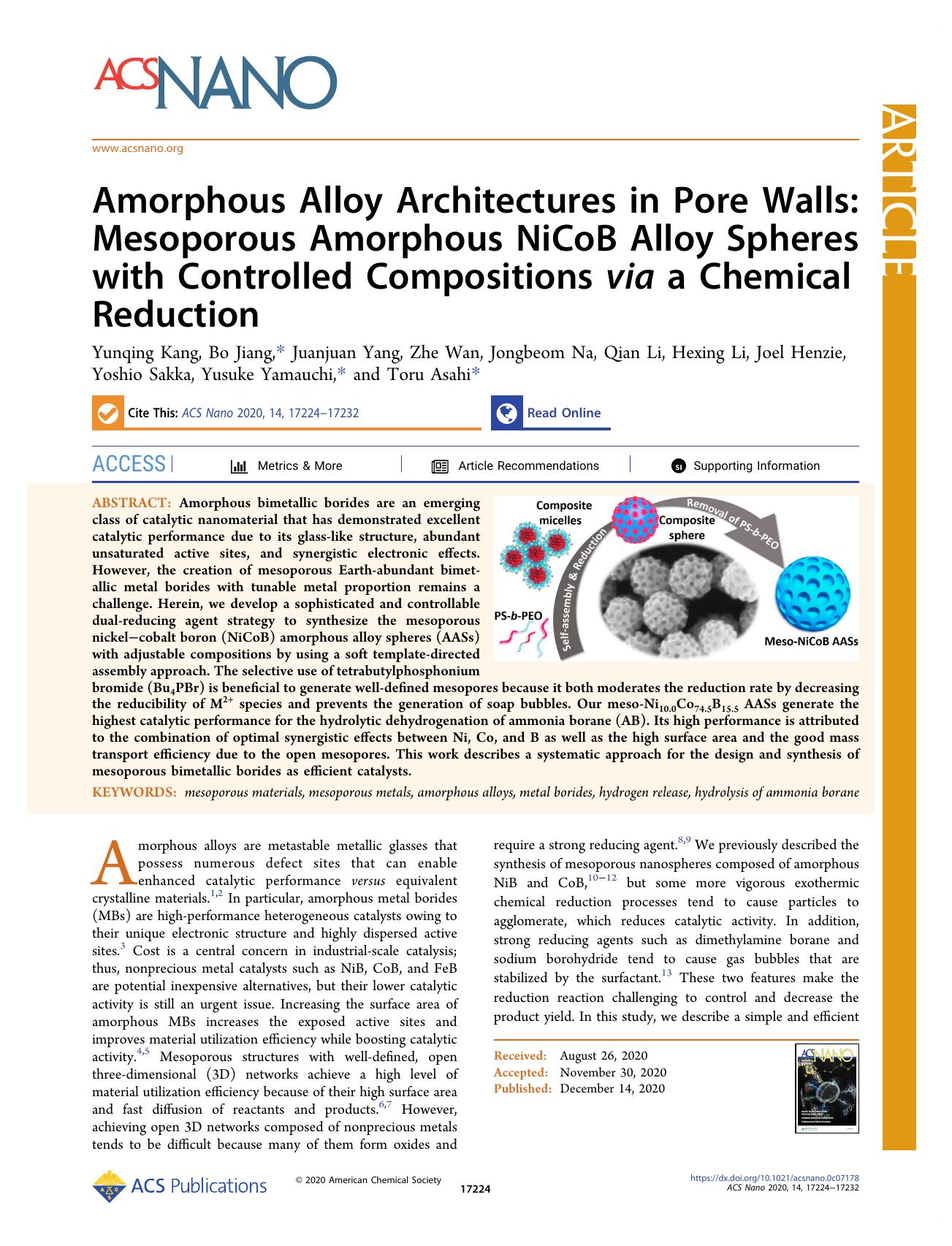 Amorphous Alloy Architectures in Pore Walls: Mesoporous Amorphous NiCoB Alloy Spheres with Controlled Compositions via a Chemical Reduction by unknow
