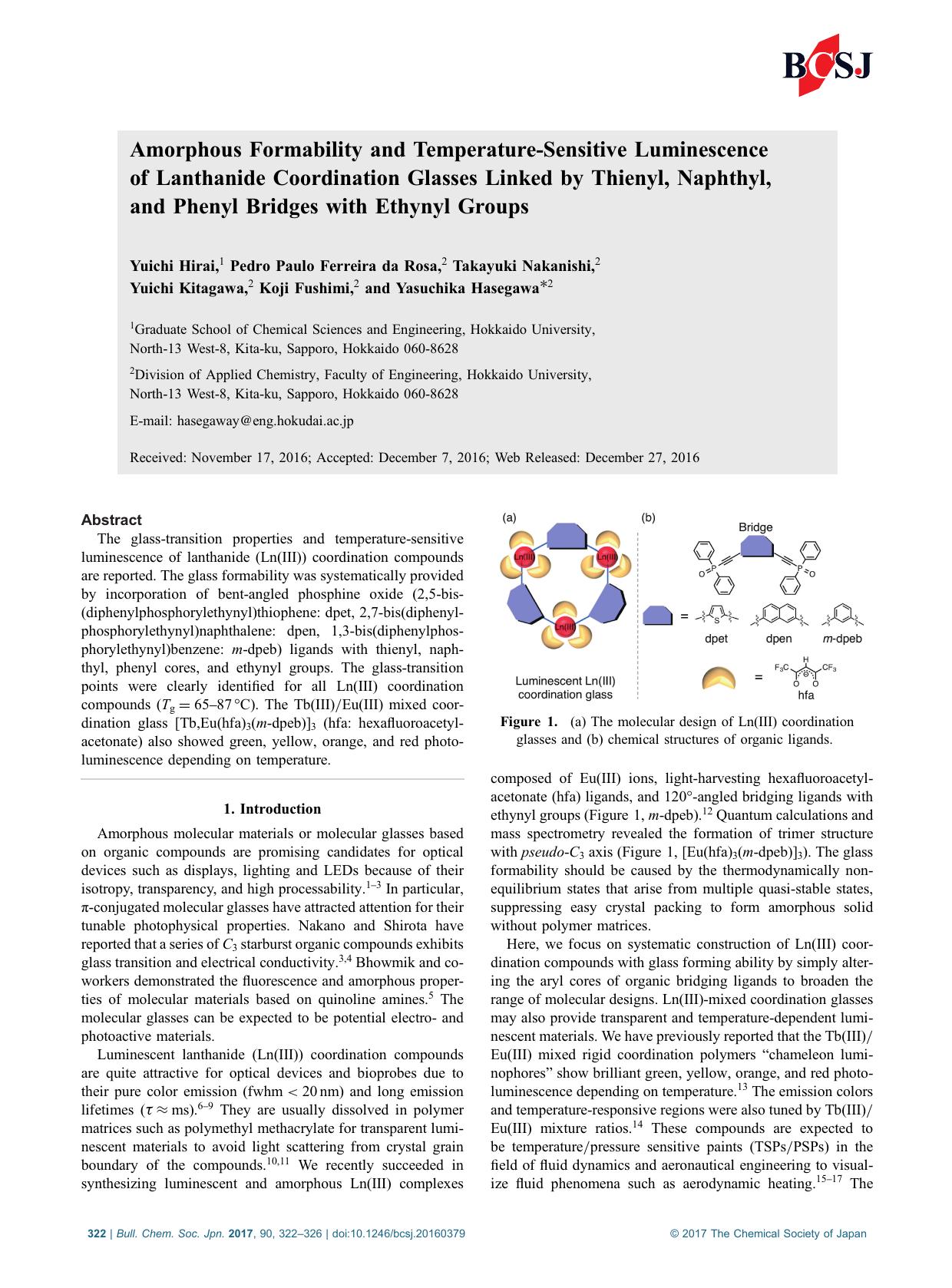 Amorphous Formability and Temperature-Sensitive Luminescence of Lanthanide Coordination Glasses Linked by Thienyl, Naphthyl, and Phenyl Bridges with Ethynyl Groups by Unknown