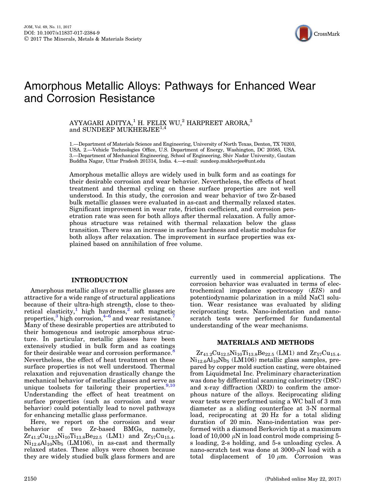 Amorphous Metallic Alloys: Pathways for Enhanced Wear and Corrosion Resistance by Ayyagari Aditya & H. Felix Wu & Harpreet Arora & Sundeep Mukherjee