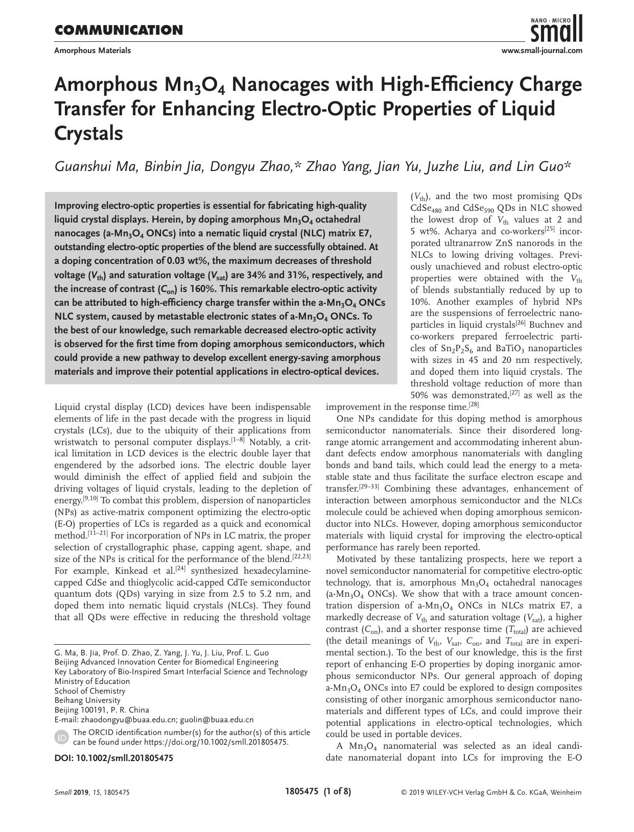 Amorphous Mn3O4 Nanocages with High‐Efficiency Charge Transfer for Enhancing Electro‐Optic Properties of Liquid Crystals by Unknown