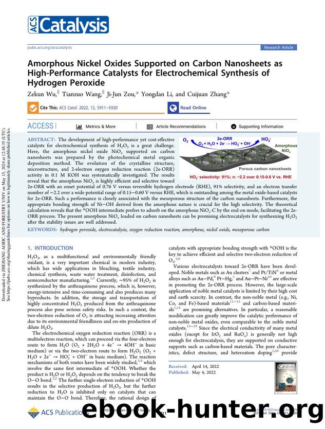 Amorphous Nickel Oxides Supported on Carbon Nanosheets as High-Performance Catalysts for Electrochemical Synthesis of Hydrogen Peroxide by Zekun Wu Tianzuo Wang Ji-Jun Zou Yongdan Li & Cuijuan Zhang