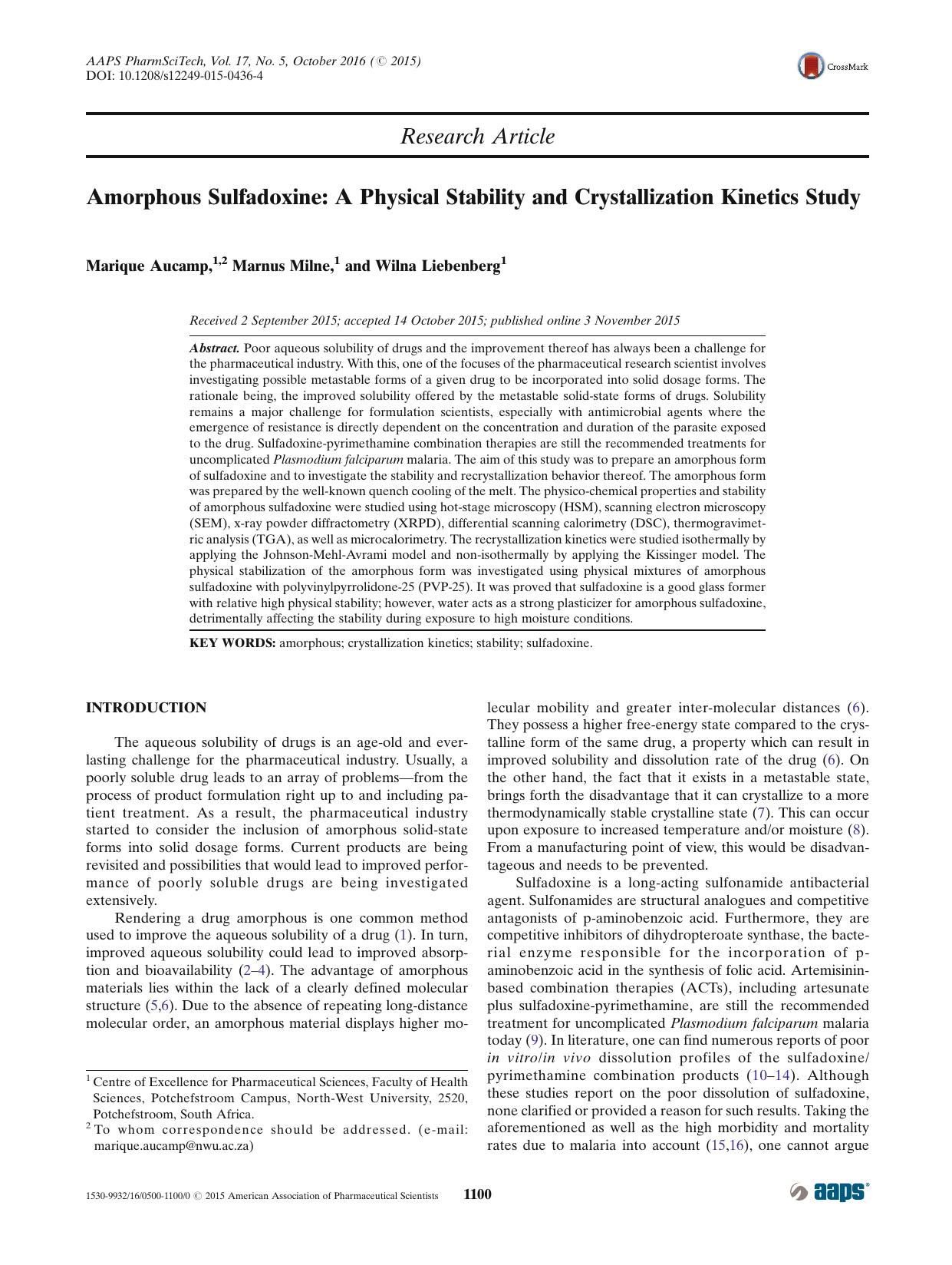 Amorphous Sulfadoxine: A Physical Stability and Crystallization Kinetics Study by Marique Aucamp & Marnus Milne & Wilna Liebenberg
