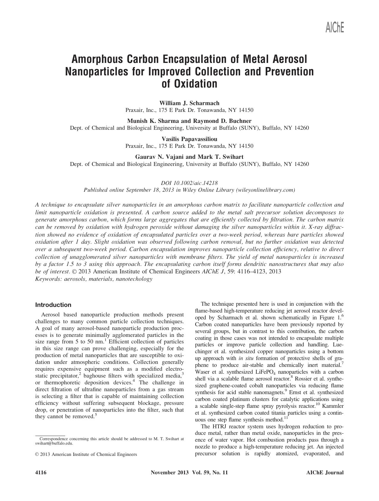 Amorphous carbon encapsulation of metal aerosol nanoparticles for improved collection and prevention of oxidation by Unknown