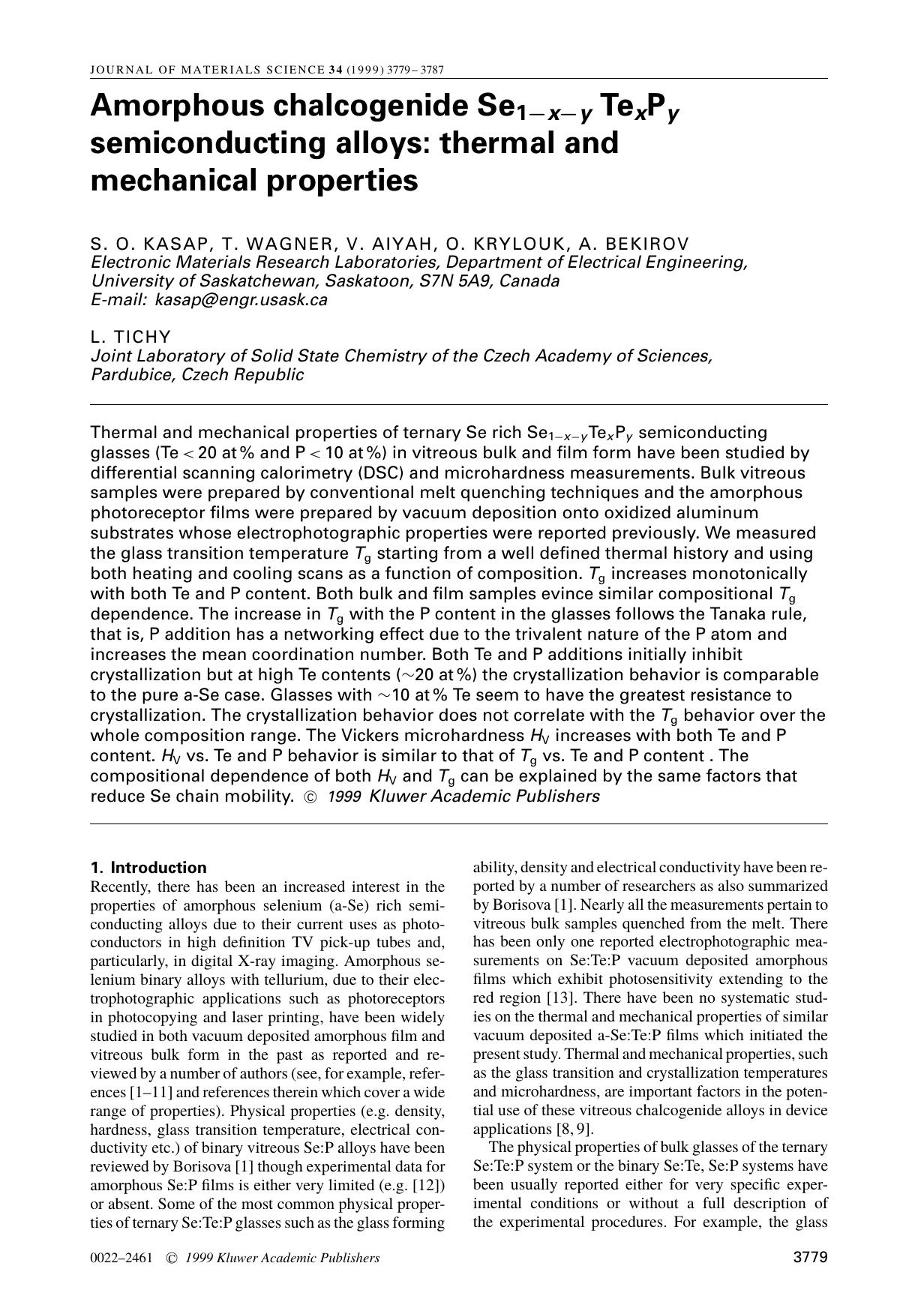 Amorphous chalcogenide Se1−x−y TexPy semiconducting alloys: thermal and mechanical properties by Unknown