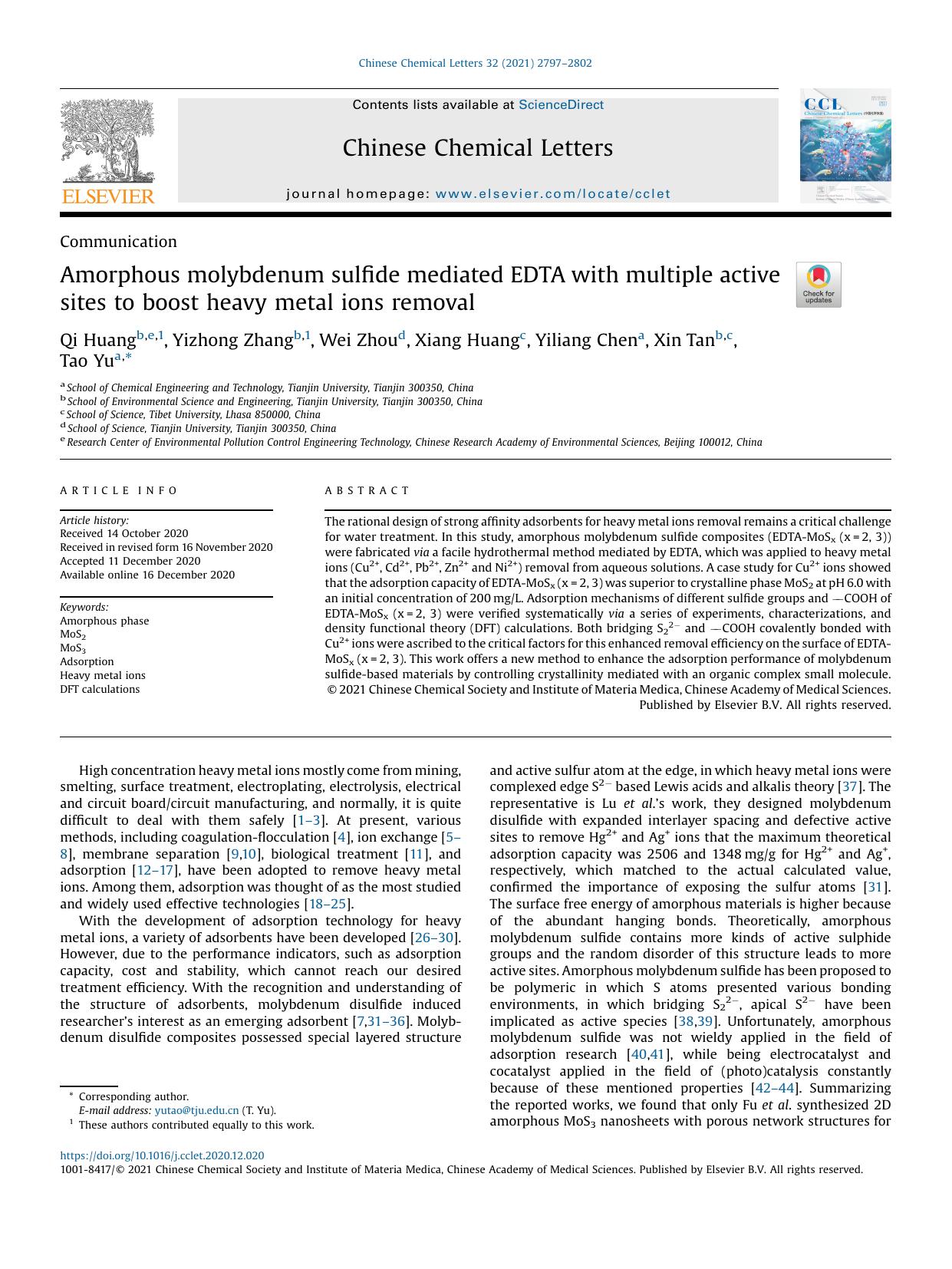 Amorphous molybdenum sulfide mediated EDTA with multiple active sites to boost heavy metal ions removal by Qi Huang