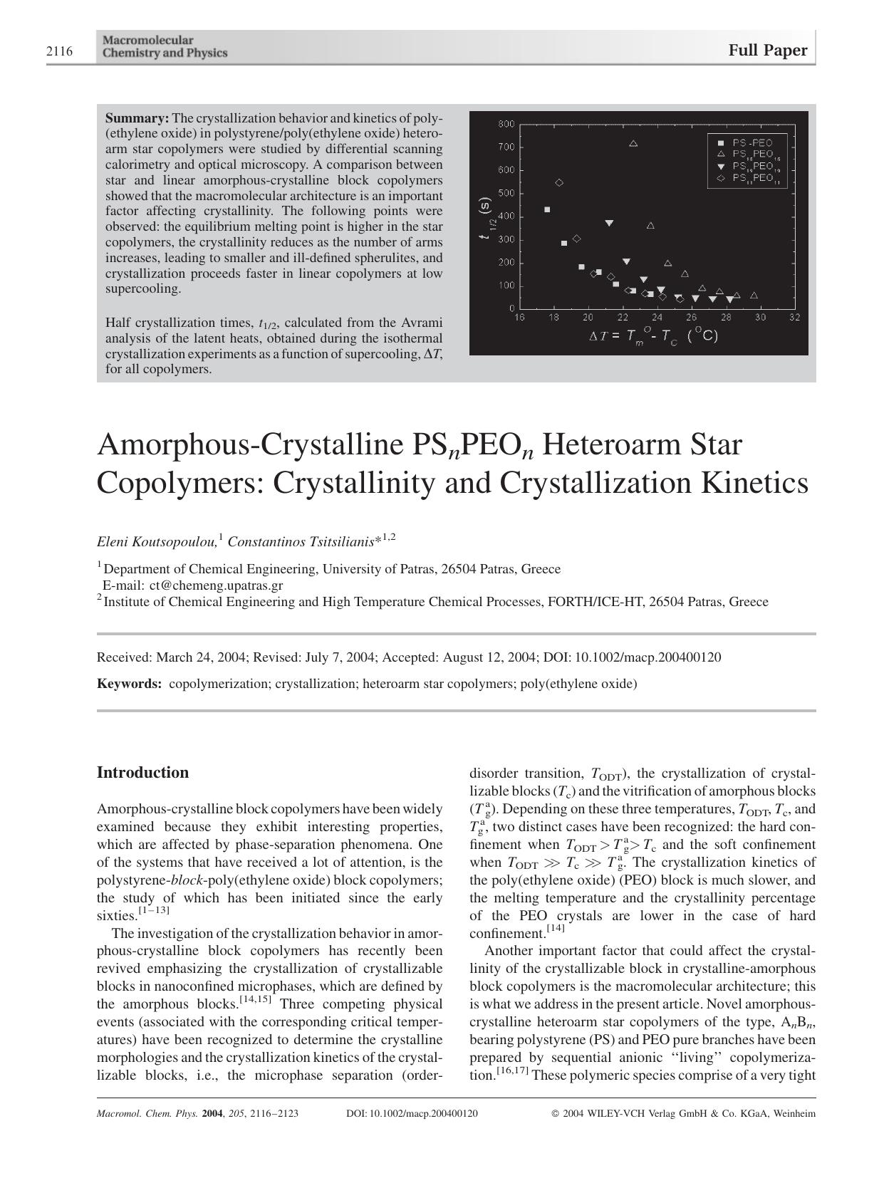 Amorphous-Crystalline PSnPEOn Heteroarm Star Copolymers: Crystallinity and Crystallization Kinetics by Unknown
