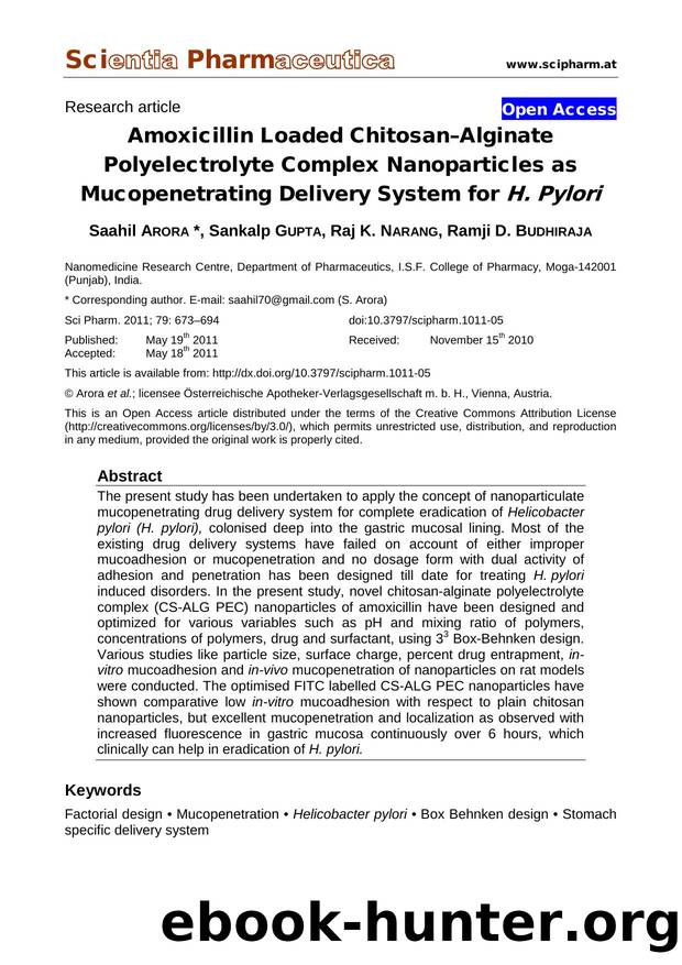 Amoxicillin Loaded ChitosanâAlginate Polyelectrolyte Complex Nanoparticles as Mucopenetrating Delivery System for H. Pylori by Saahil ARORA Sankalp GUPTA Raj K. NARANG Ramji D. BUDHIRAJA