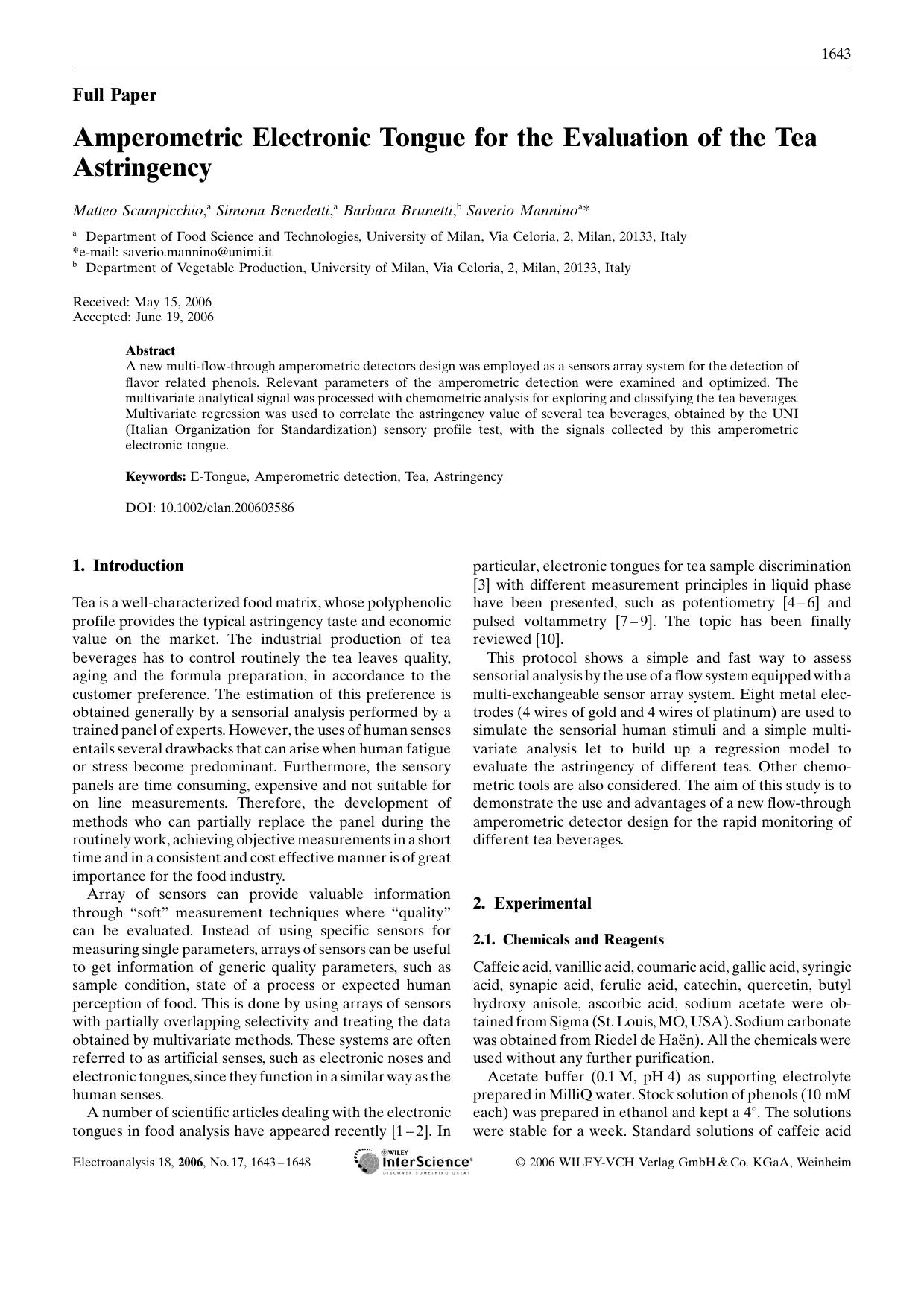 Amperometric Electronic Tongue for the Evaluation of the Tea Astringency by Unknown