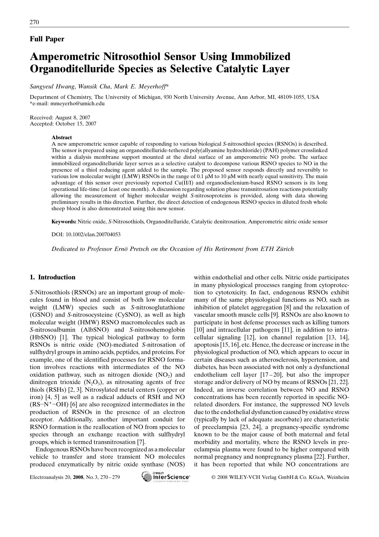 Amperometric Nitrosothiol Sensor Using Immobilized Organoditelluride Species as Selective Catalytic Layer by Unknown