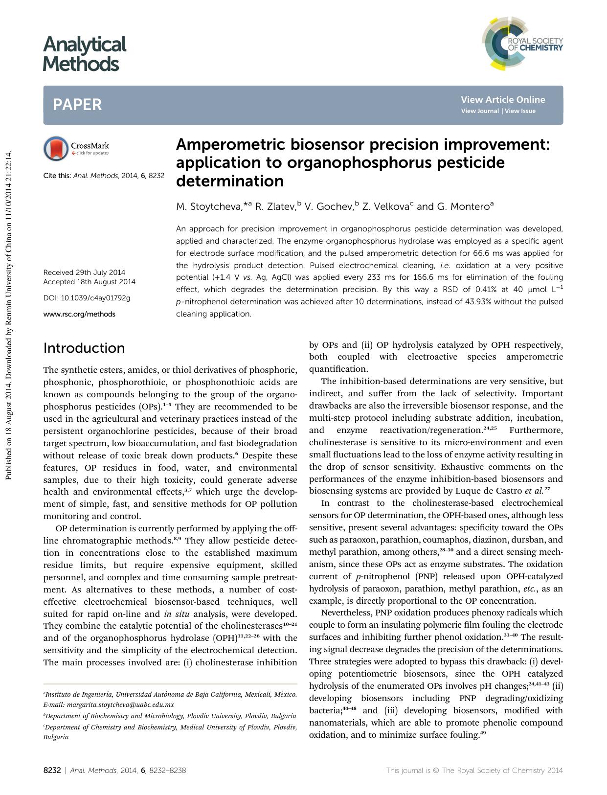 Amperometric biosensor precision improvement: application to organophosphorus pesticide determination by M. Stoytcheva & R. Zlatev & V. Gochev & Z. Velkova & G. Montero