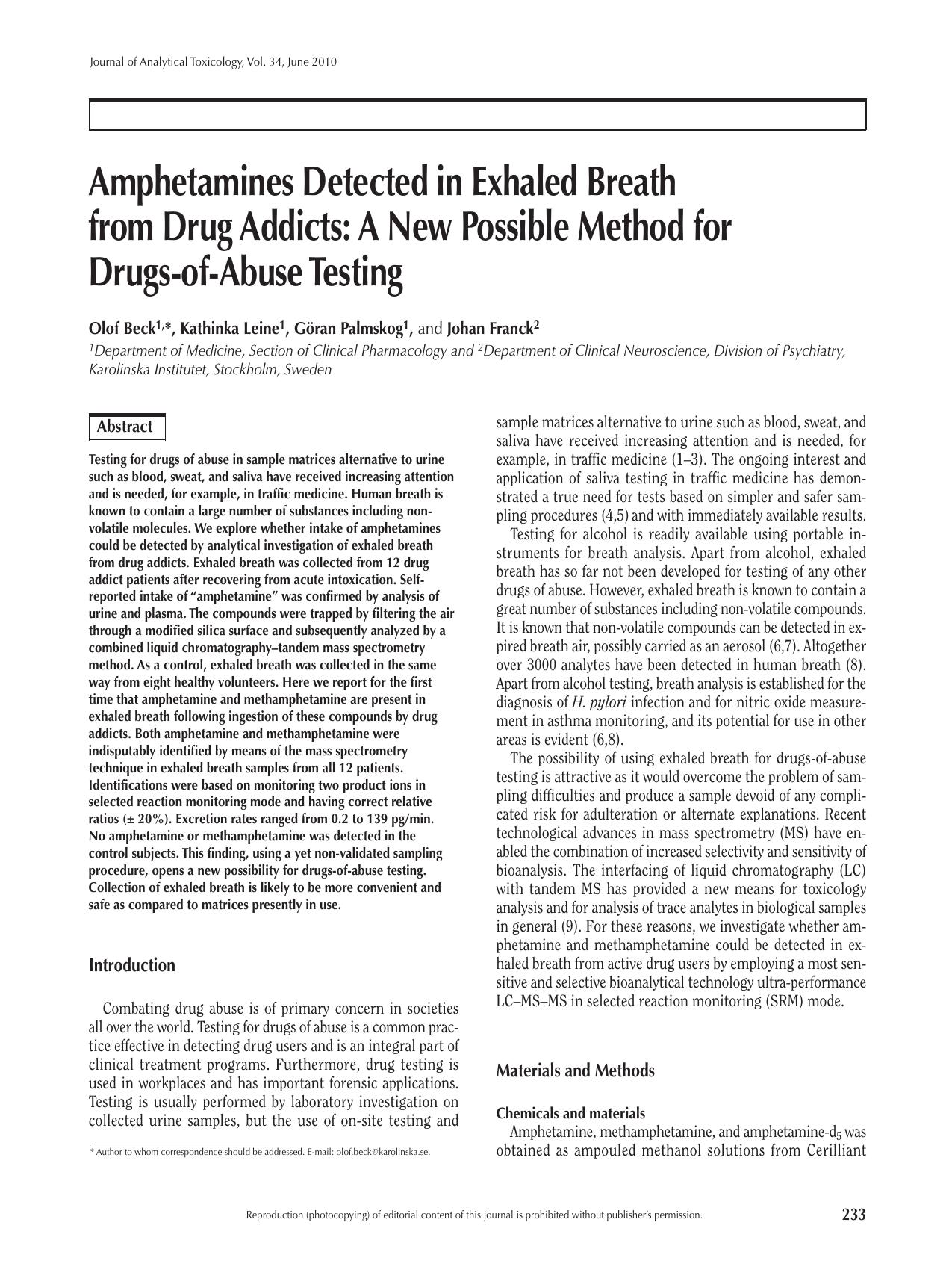 Amphetamines detected in exhaled breath from drug addicts: by Olof Beck