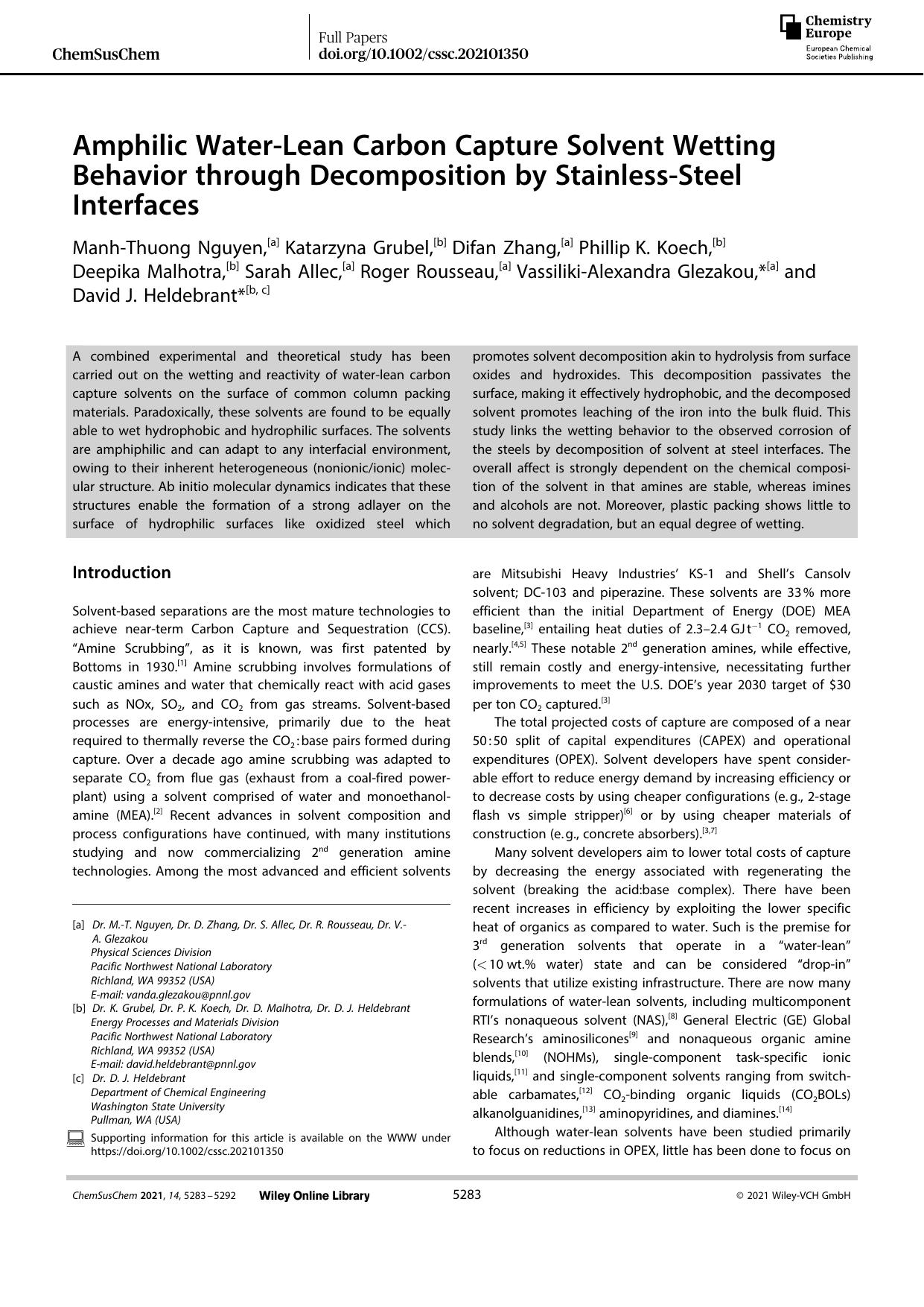 Amphilic WaterâLean Carbon Capture Solvent Wetting Behavior through Decomposition by StainlessâSteel Interfaces by Unknown