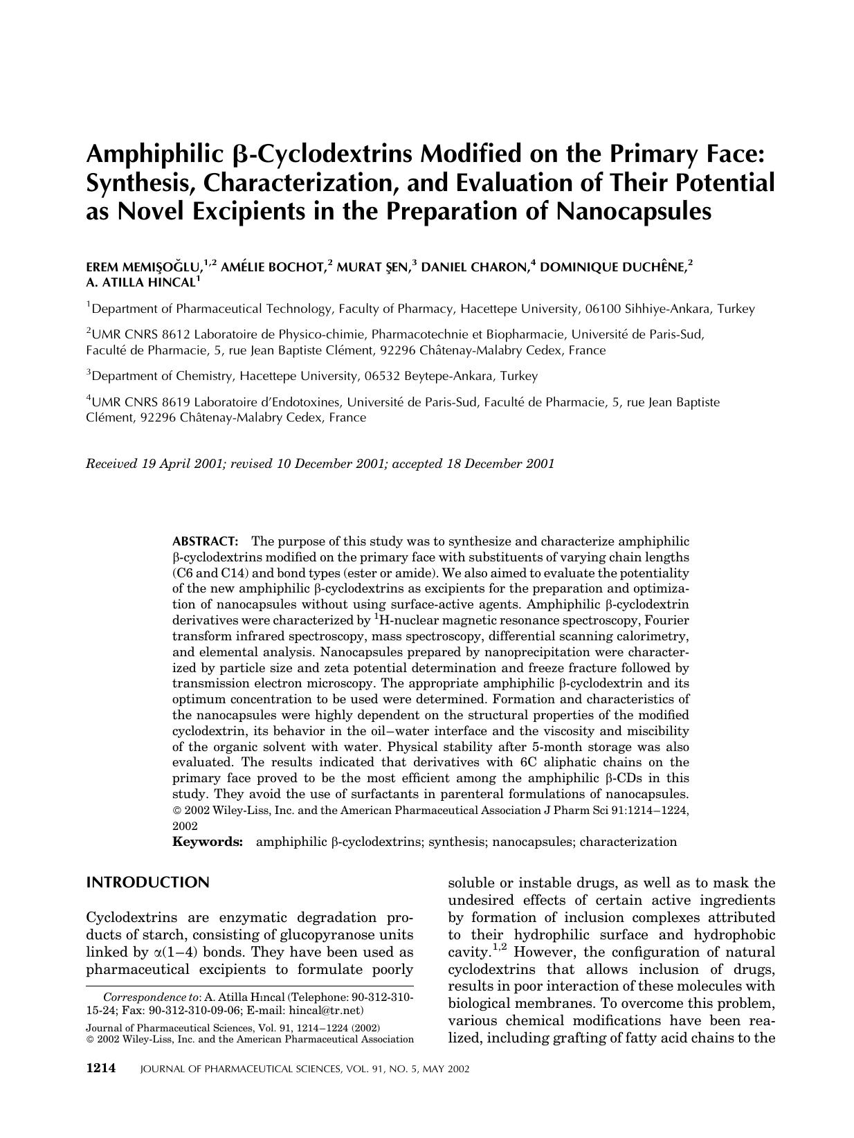 Amphiphilic [beta]-cyclodextrins modified on the primary face: Synthesis, characterization, and evaluation of their potential as novel excipients in the preparation of nanocapsules by Unknown