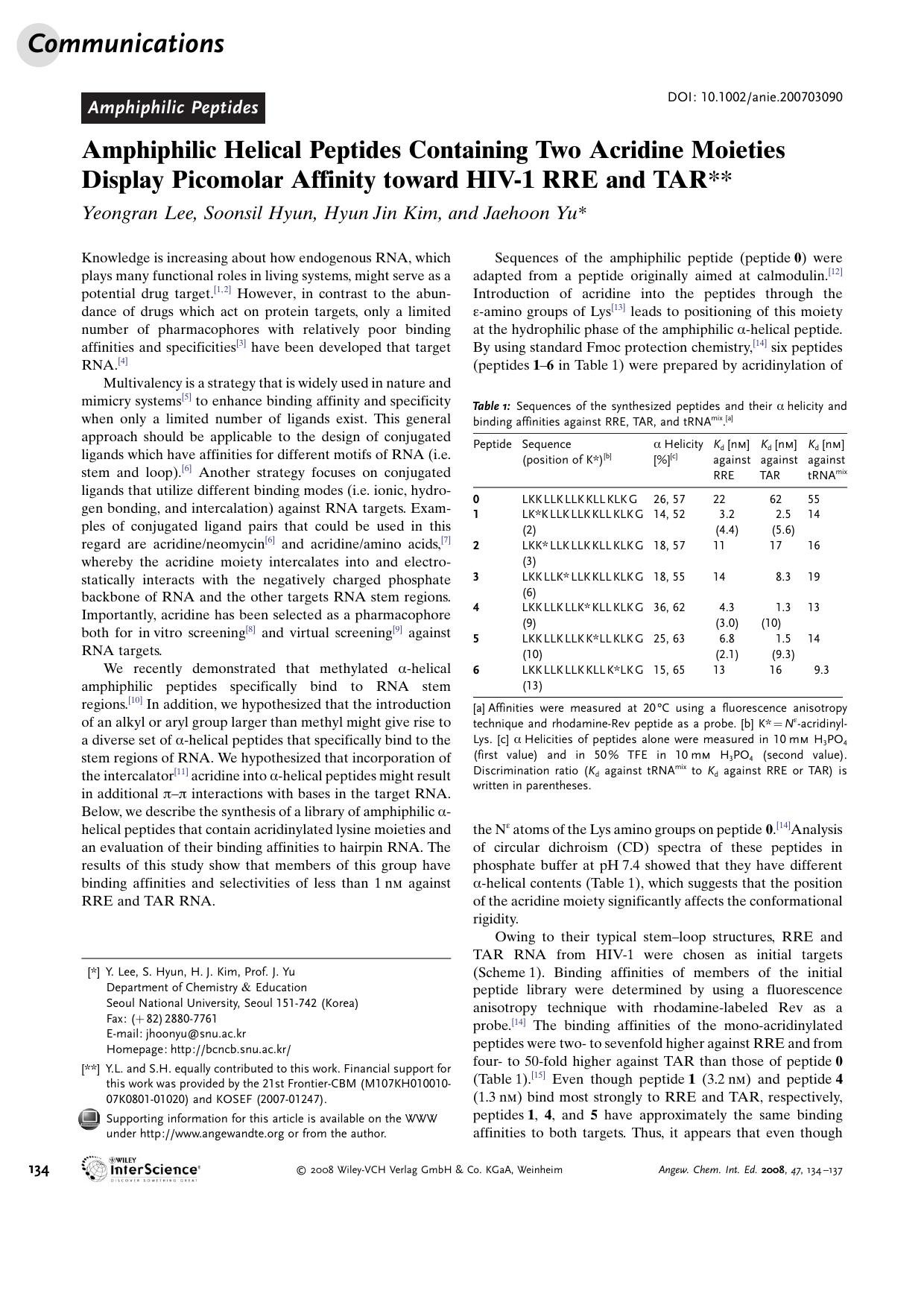 Amphiphilic Helical Peptides Containing Two Acridine Moieties Display Picomolar Affinity toward HIV-1 RRE and TAR by Unknown