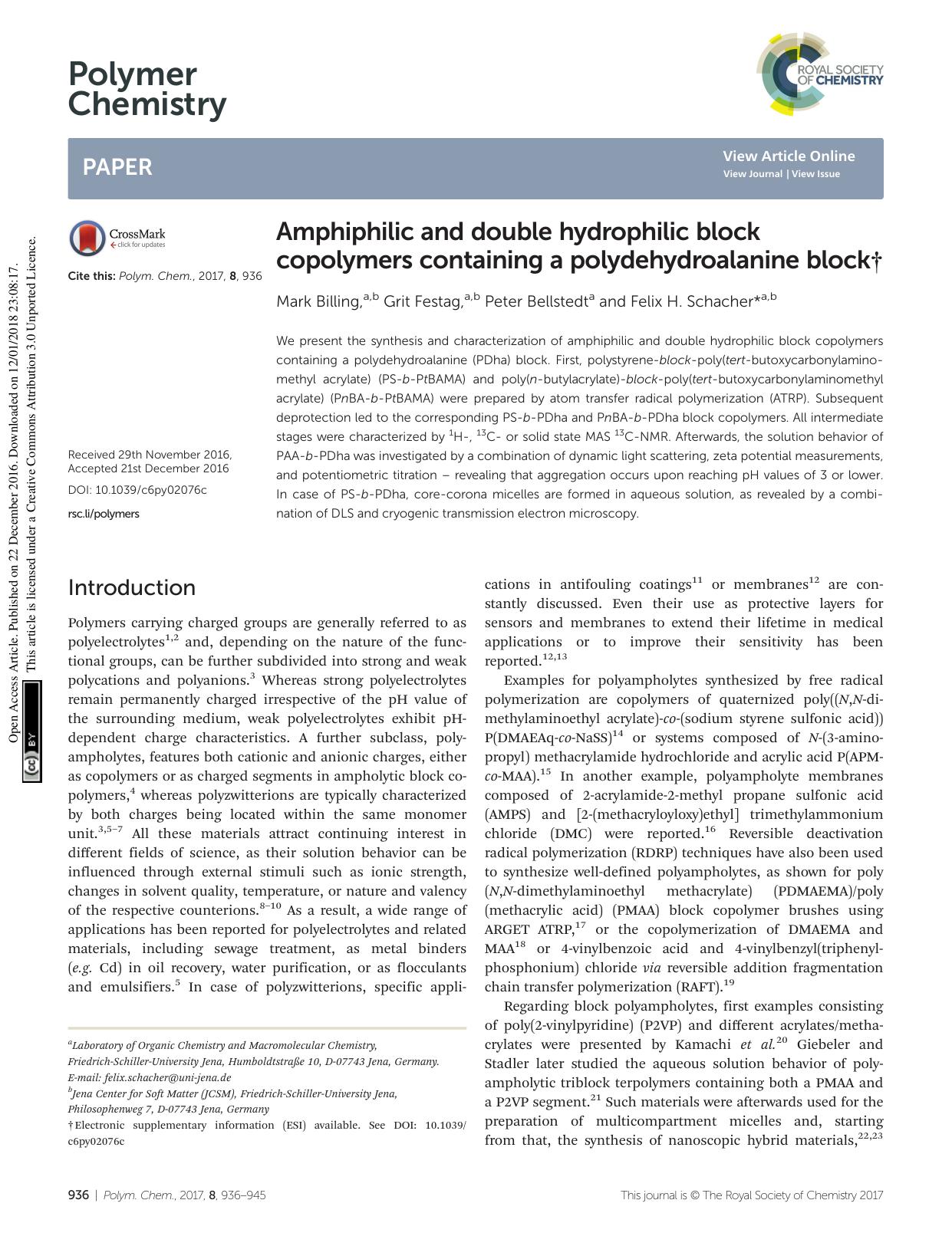 Amphiphilic and double hydrophilic block copolymers containing a polydehydroalanine block by Mark Billing Grit Festag Peter Bellstedt Felix H. Schacher