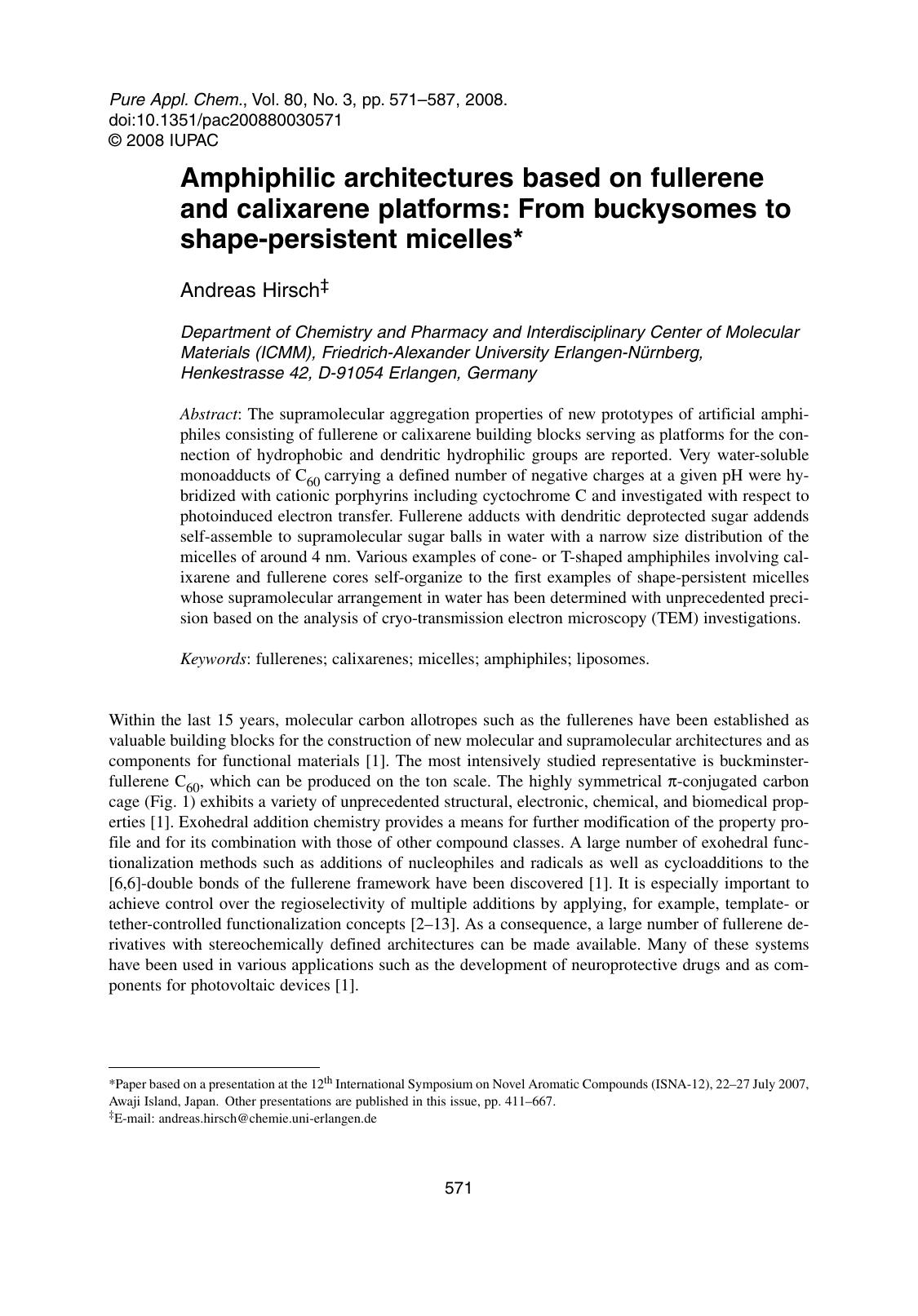 Amphiphilic architectures based on fullerene and calixarene platforms: From buckysomes to shape-persistent micelles by Andreas Hirsch