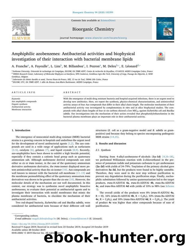 Amphiphilic azobenzenes_ Antibacterial activities and biophysical investigation of their interaction with bacterial membrane lipids by A. Franche & A. Fayeulle & L. Lins & M. Billamboz & I. Pezron & M. Deleu & E. Léonard