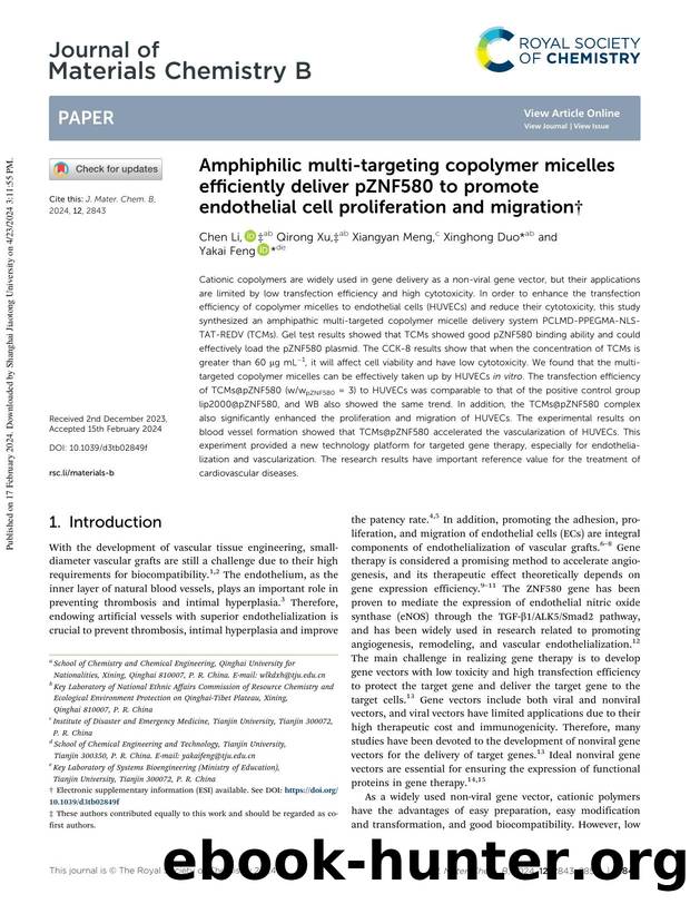 Amphiphilic multi-targeting copolymer micelles efficiently deliver pZNF580 to promote endothelial cell proliferation and migration by Chen Li & Qirong Xu & Xiangyan Meng & Xinghong Duo & Yakai Feng