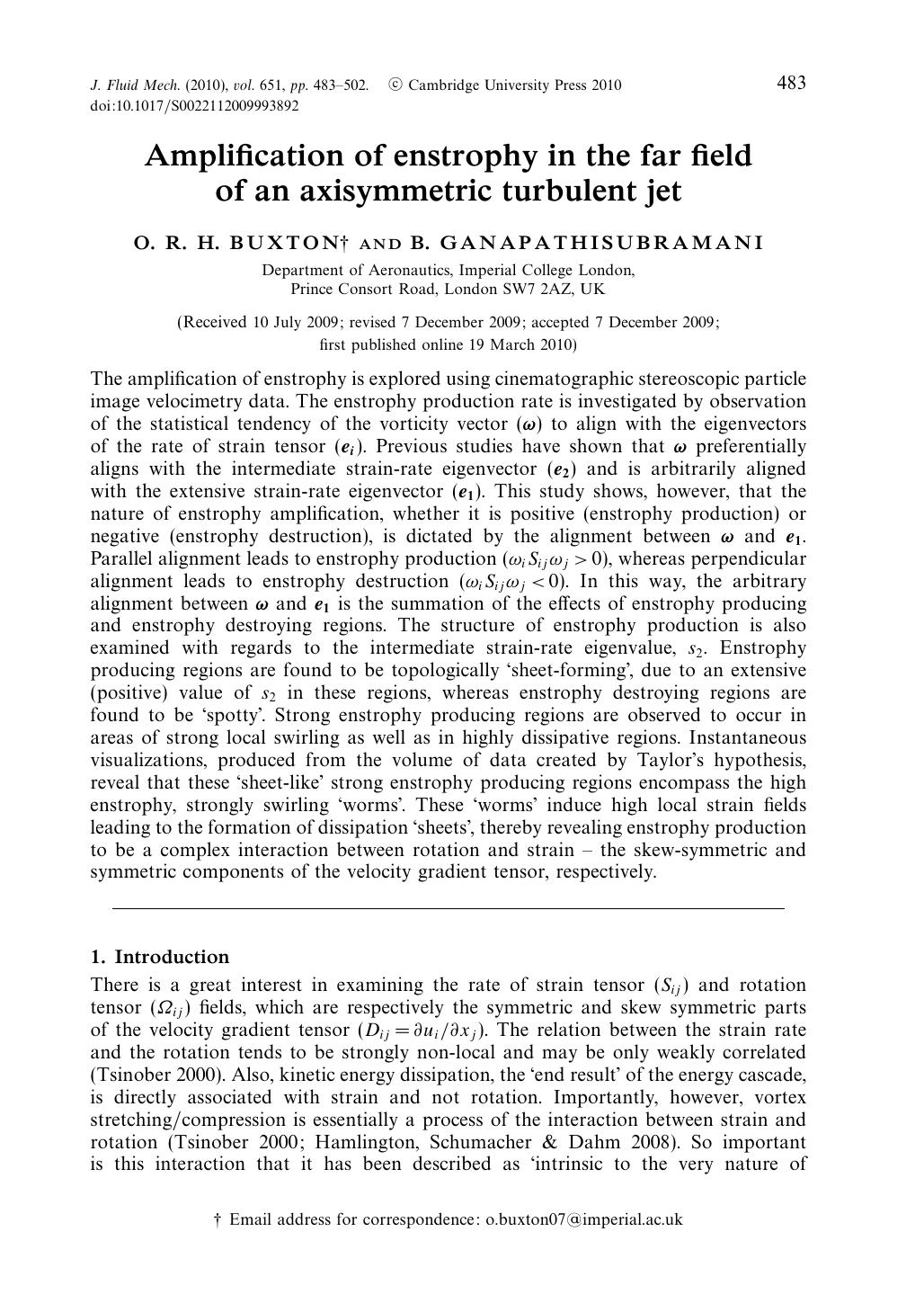 Amplification of enstrophy in the far field of an axisymmetric turbulent jet by O. R. H. BUXTON B. GANAPATHISUBRAMANI