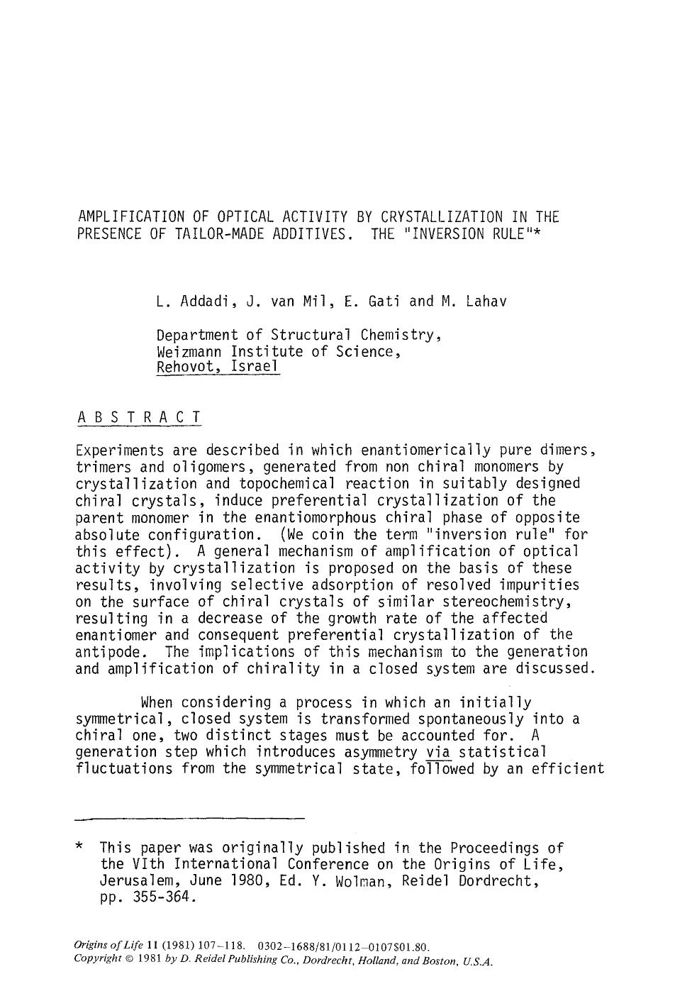 Amplification of optical activity by crystallization in the presence of tailor-made additives. The “inversion rule” by Unknown