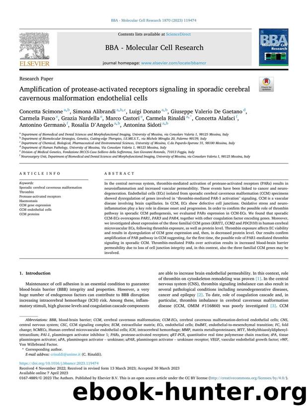 Amplification of protease-activated receptors signaling in sporadic cerebral cavernous malformation endothelial cells by unknow
