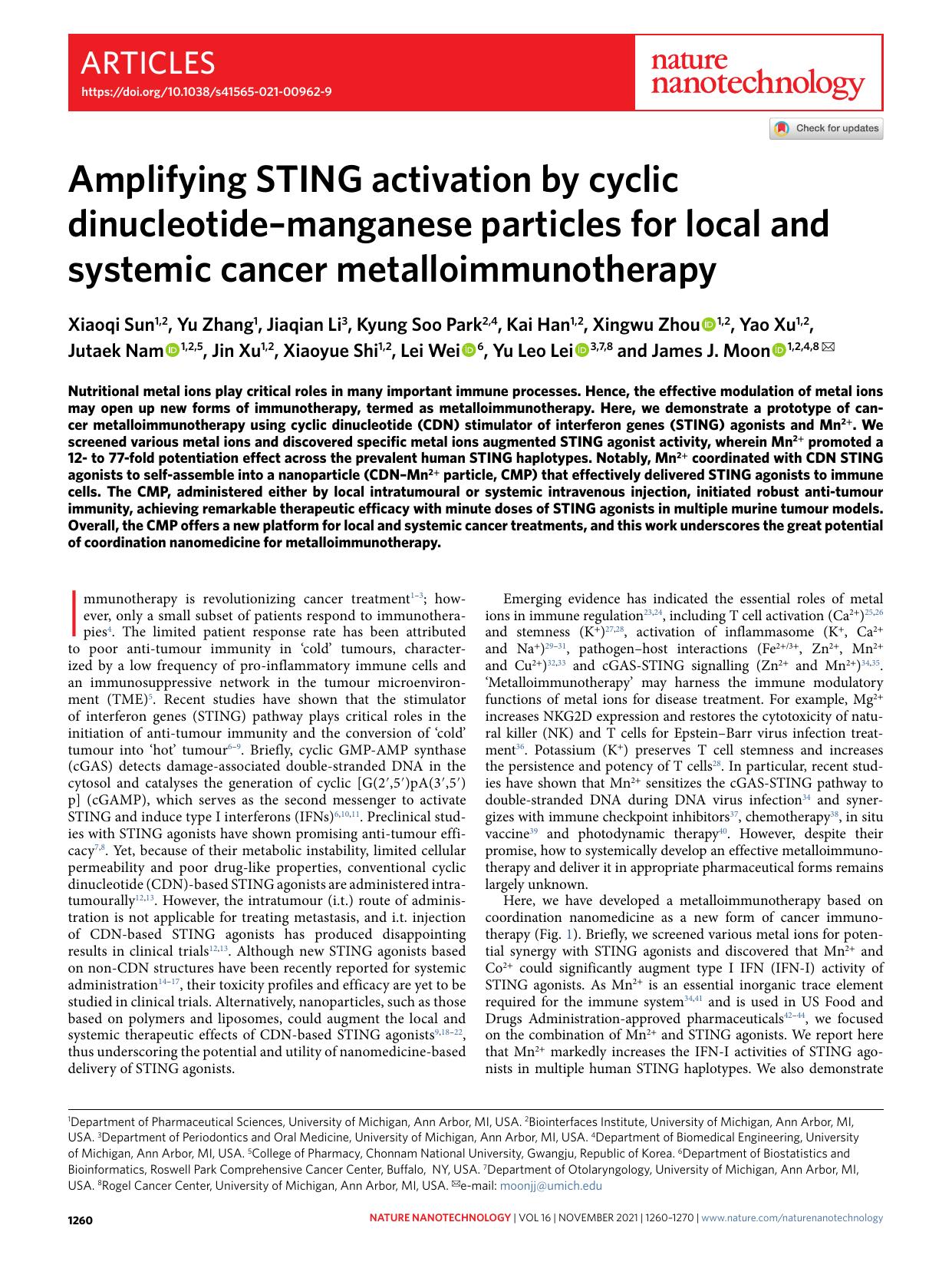 Amplifying STING activation by cyclic dinucleotideâmanganese particles for local and systemic cancer metalloimmunotherapy by unknow
