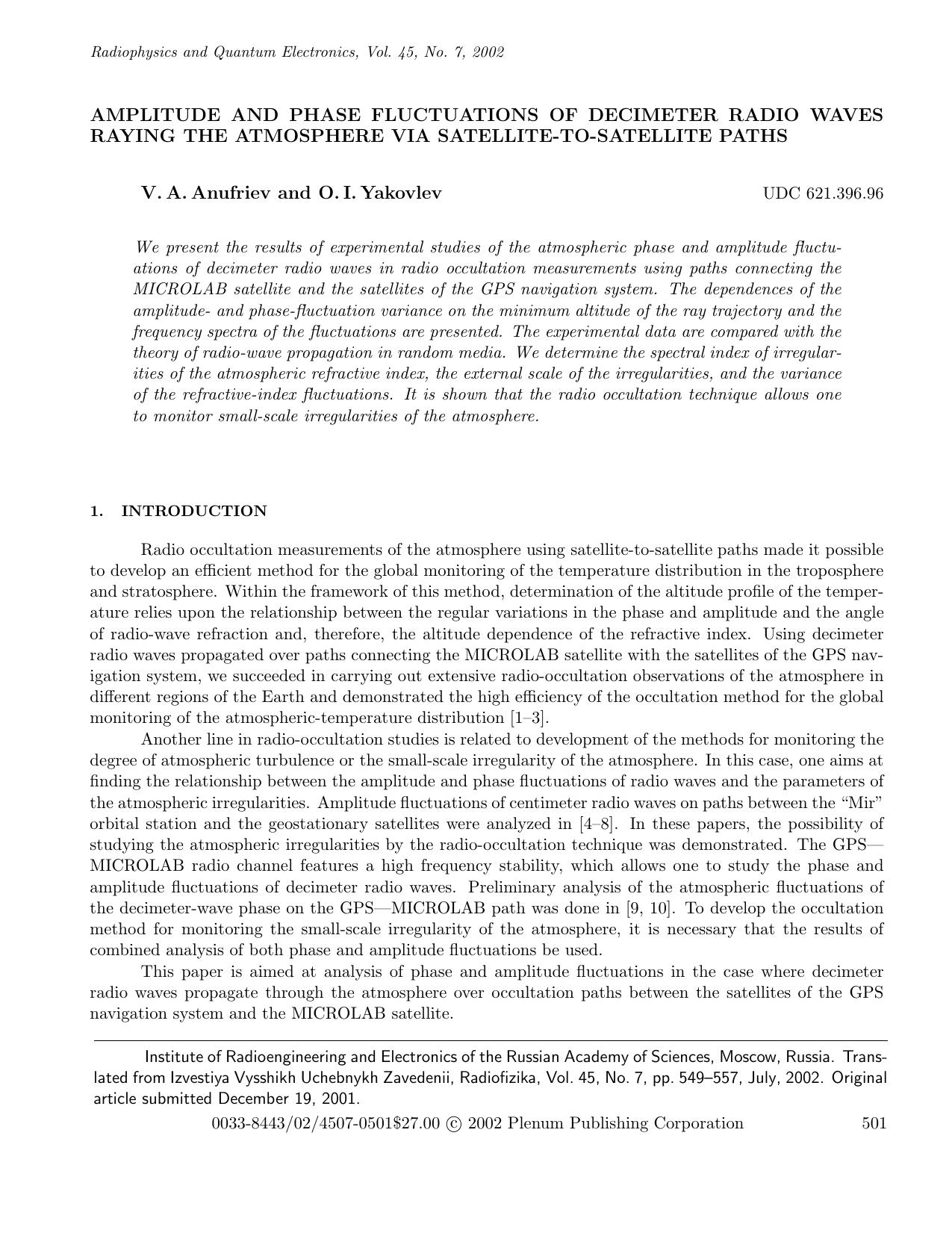 Amplitude and Phase Fluctuations of Decimeter Radio Waves Raying the Atmosphere via Satellite-to-Satellite Paths by Unknown