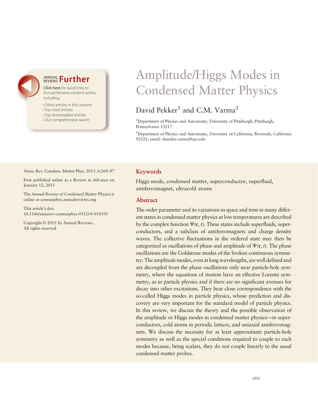 AmplitudeHiggs Modes in Condensed Matter Physics by David Pekker and C.M. Varma