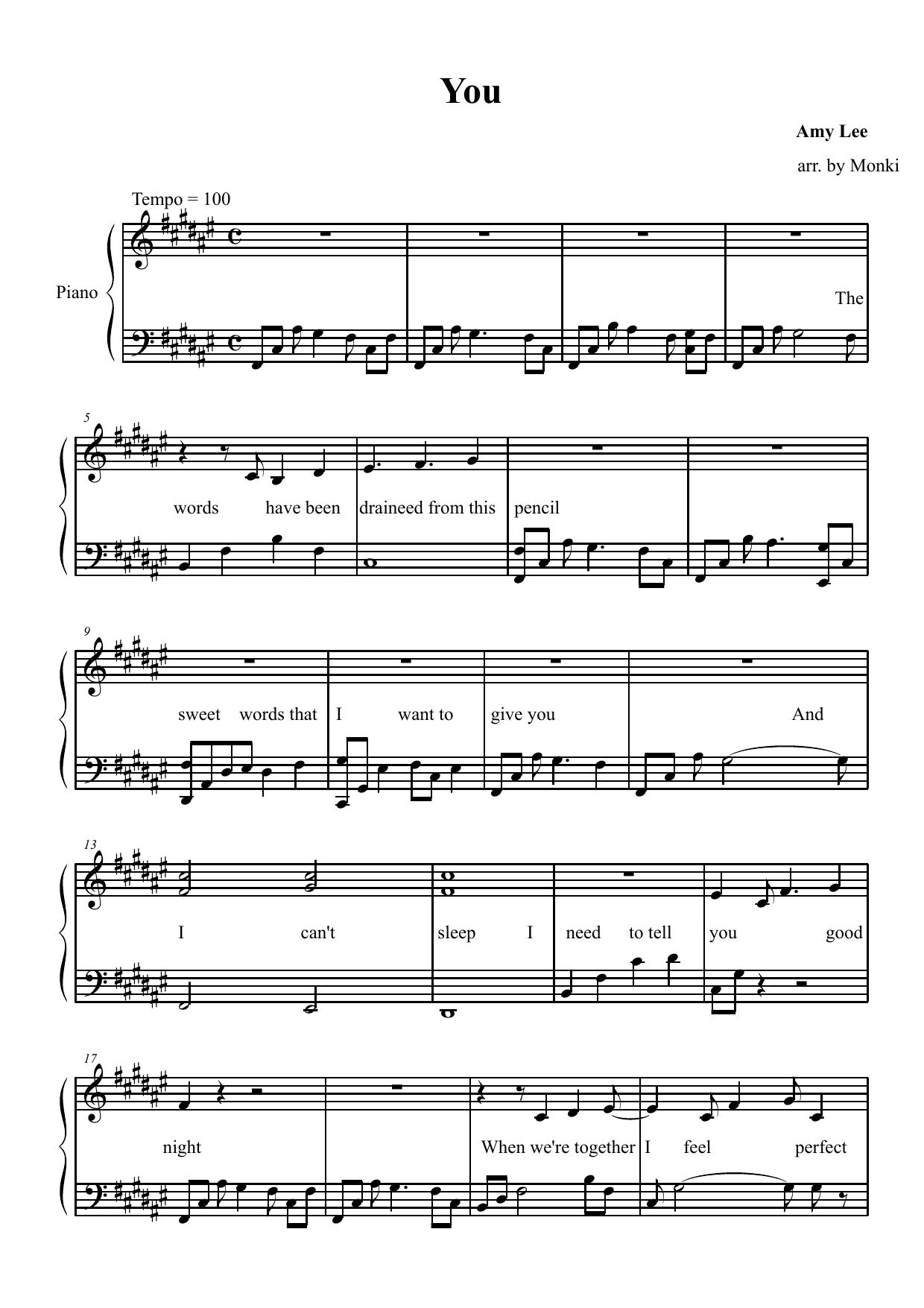 Amy Lee (Evanescence) - You (sheet music) by Amy Lee of Evanescence
