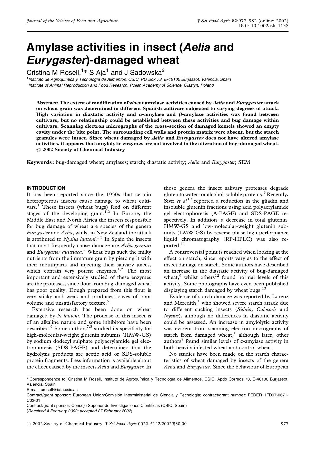 Amylase activities in insect (Aelia and Eurygaster)-damaged wheat by Unknown