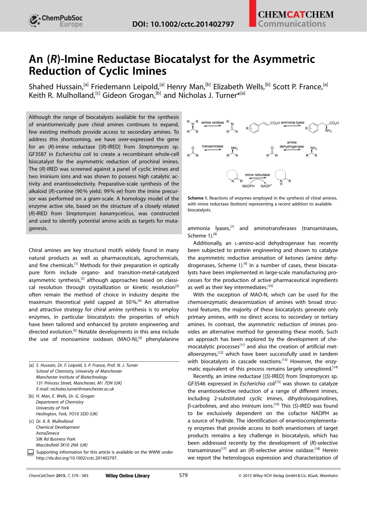 An (R)Imine Reductase Biocatalyst for the Asymmetric Reduction of Cyclic Imines by Unknown