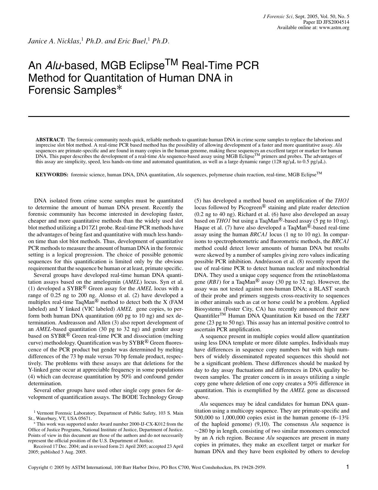An <I>Alu<I>-based, MCG Eclipse&trade; Real-time PCR method for quantitation of human DNA in forensic samples by Nicklas JA Buel E