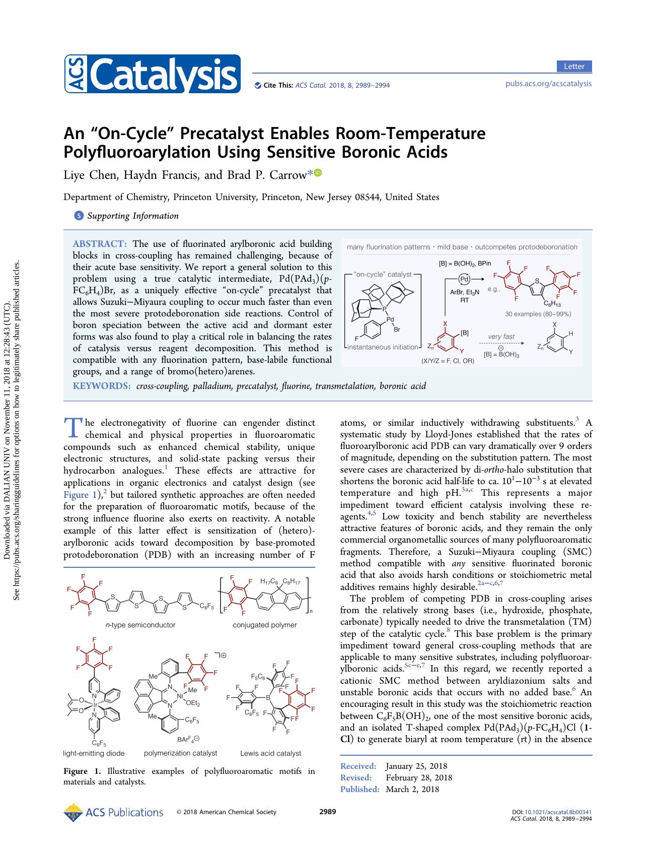 An âOn-Cycleâ Precatalyst Enables Room-Temperature Polyfluoroarylation Using Sensitive Boronic Acids by Liye Chen Haydn Francis & Brad P. Carrow