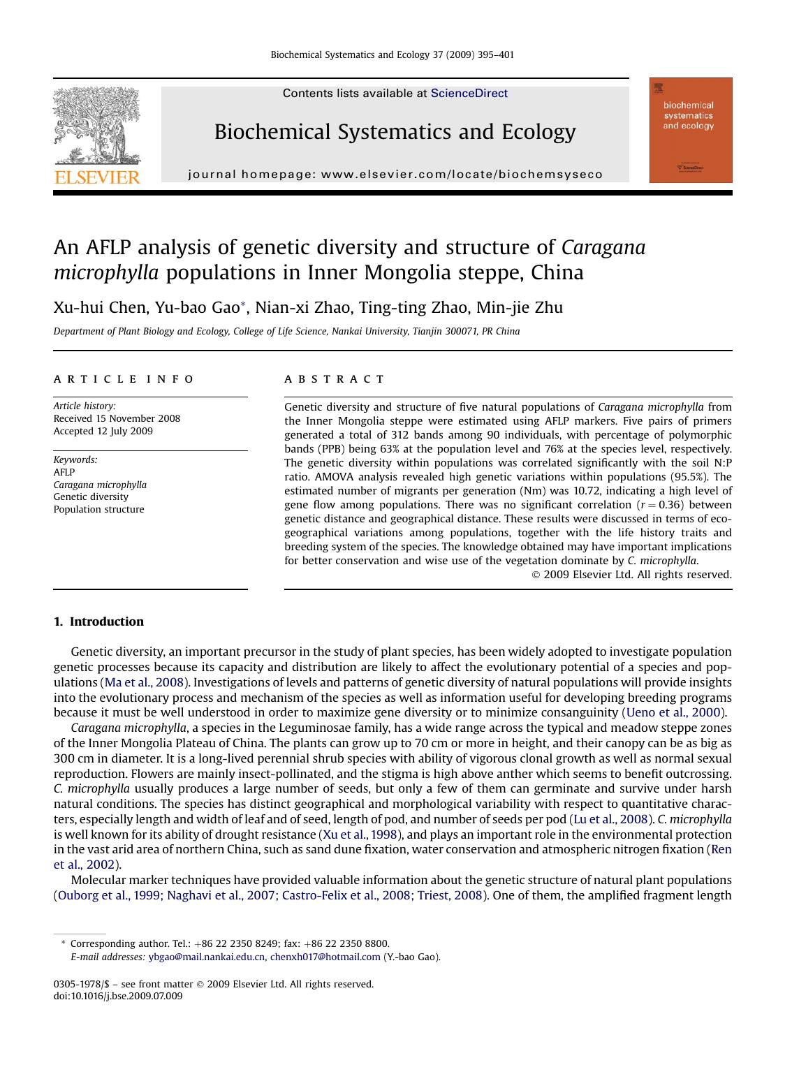 An AFLP analysis of genetic diversity and structure of Caragana microphylla populations in Inner Mongolia steppe, China by Xu-hui Chen; Yu-bao Gao; Nian-xi Zhao; Ting-ting Zhao; Min-jie Zhu
