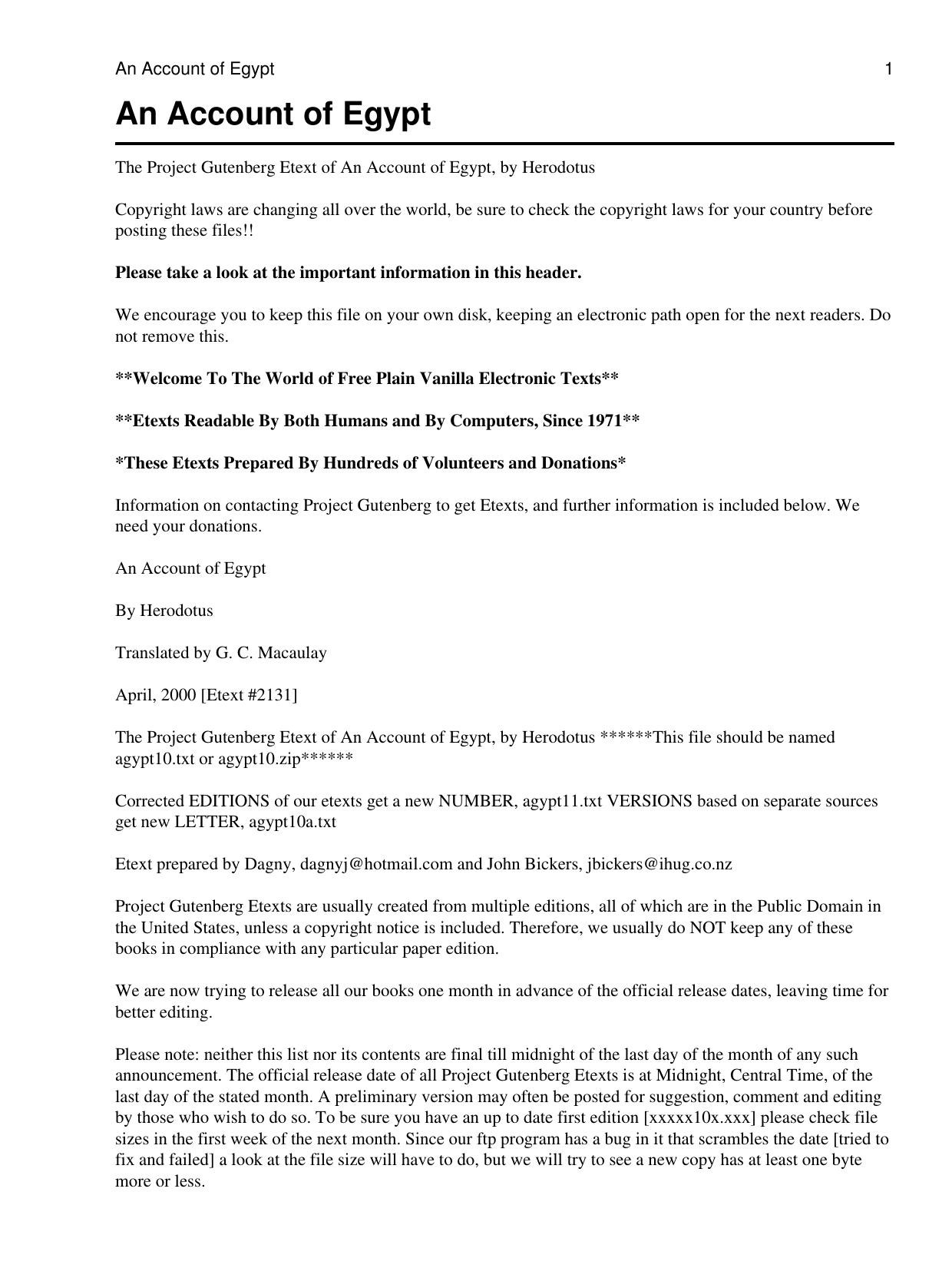 An Account of Egypt by Herodotus