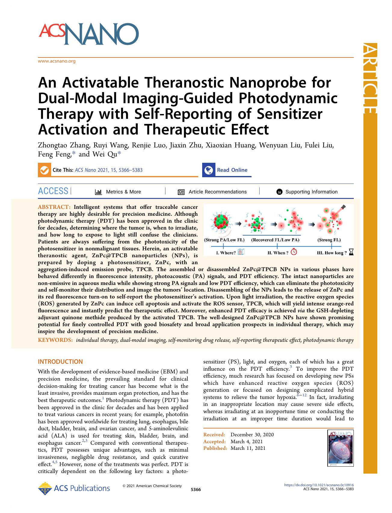 An Activatable Theranostic Nanoprobe for Dual-Modal Imaging-Guided Photodynamic Therapy with Self-Reporting of Sensitizer Activation and Therapeutic Effect by unknow