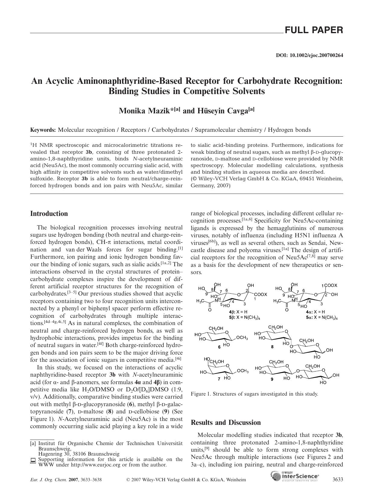 An Acyclic Aminonaphthyridine-Based Receptor for Carbohydrate Recognition: Binding Studies in Competitive Solvents by Unknown